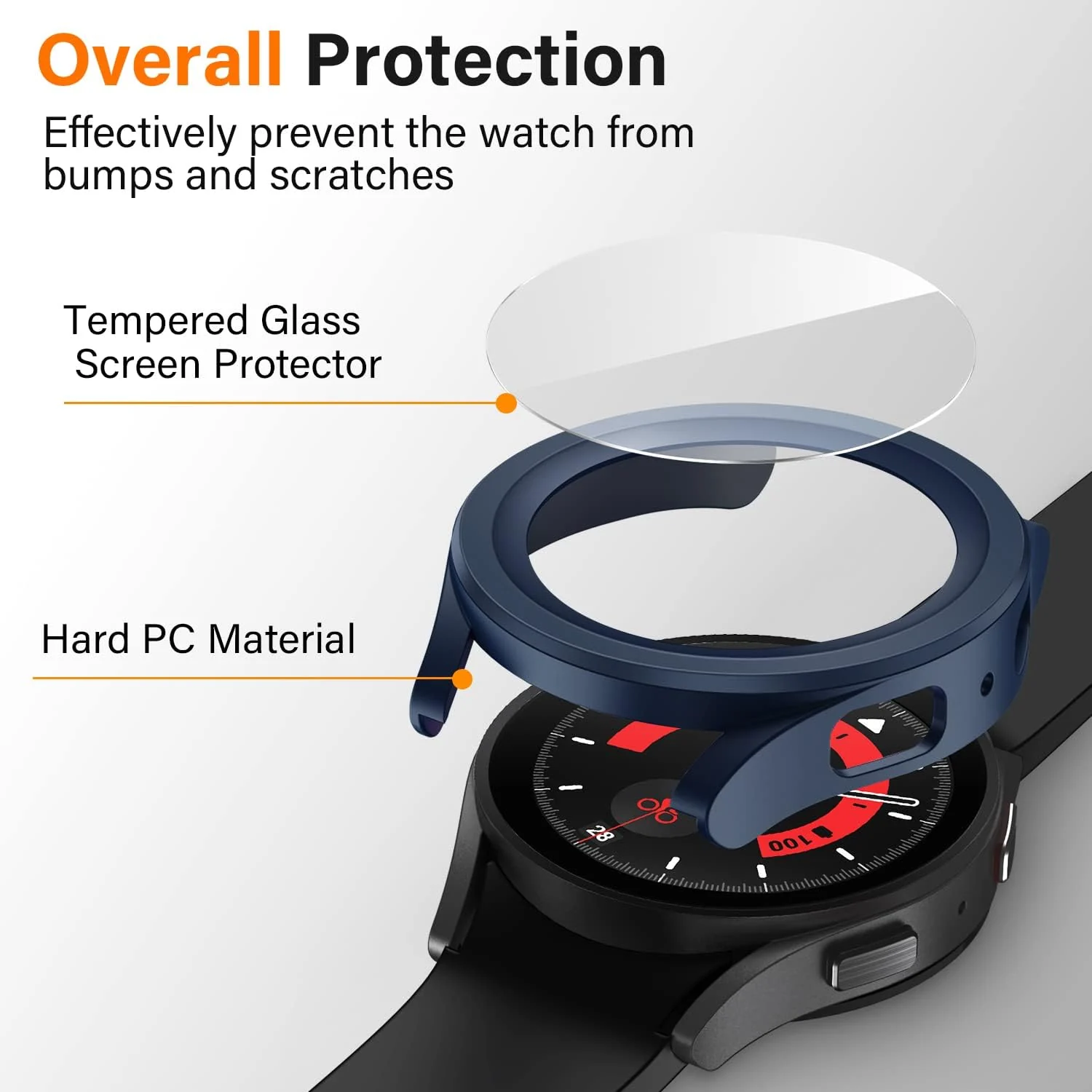 DL3 Mobilak Protective Case Compatible with Samsung Galaxy Watch 5 Pro 45mm 9H Hardness PC Case Bumper Full Slim Protective Cover with Tempered Glass For Samsung Galaxy Watch5 Pro 45mm - Blue