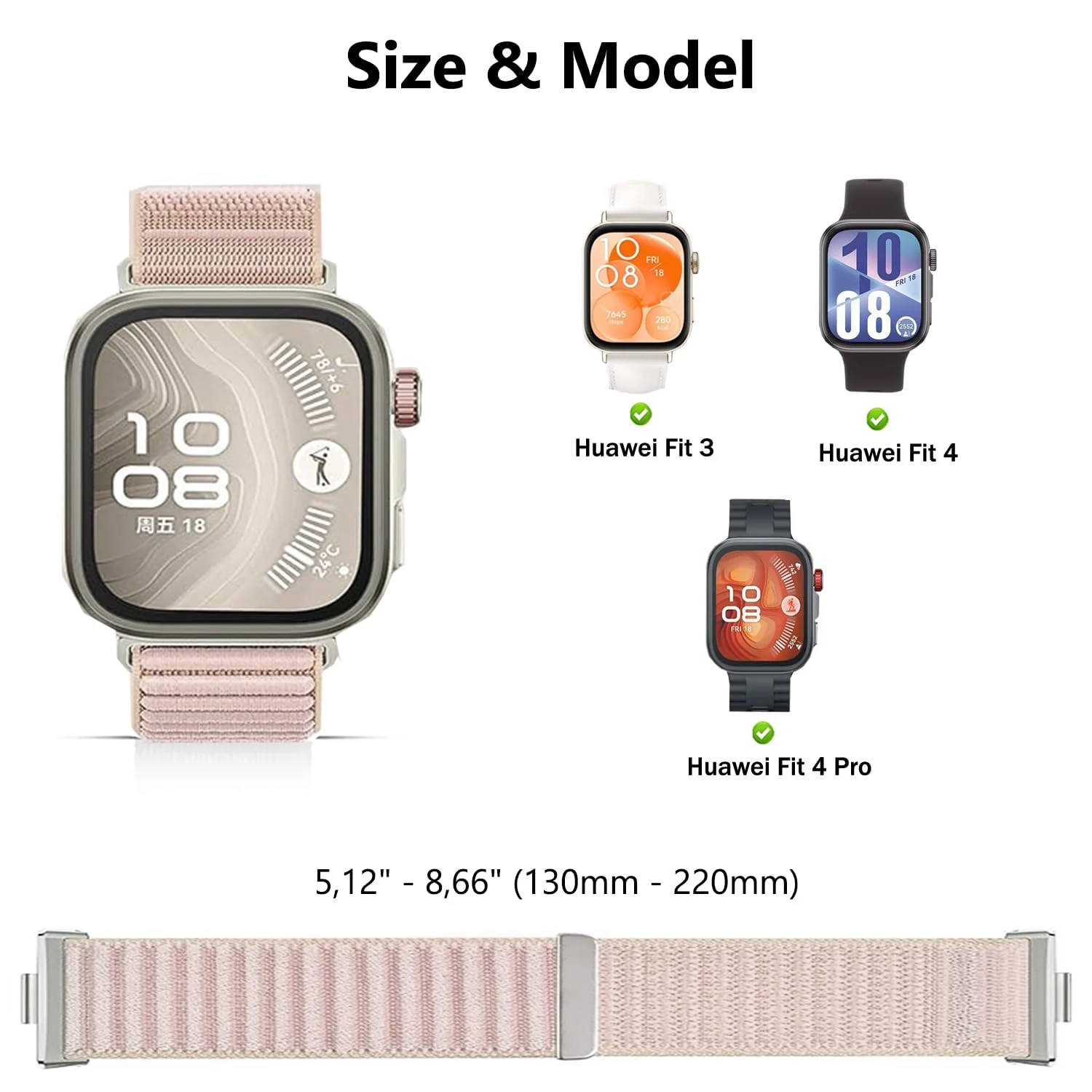 DL3 MOBILAK Elastic Nylon Watch Strap for Huawei Watch Fit 3 / Fit 4 / Fit 4 Pro / Fit 5 / Fit 5 Pro, Milk Pink