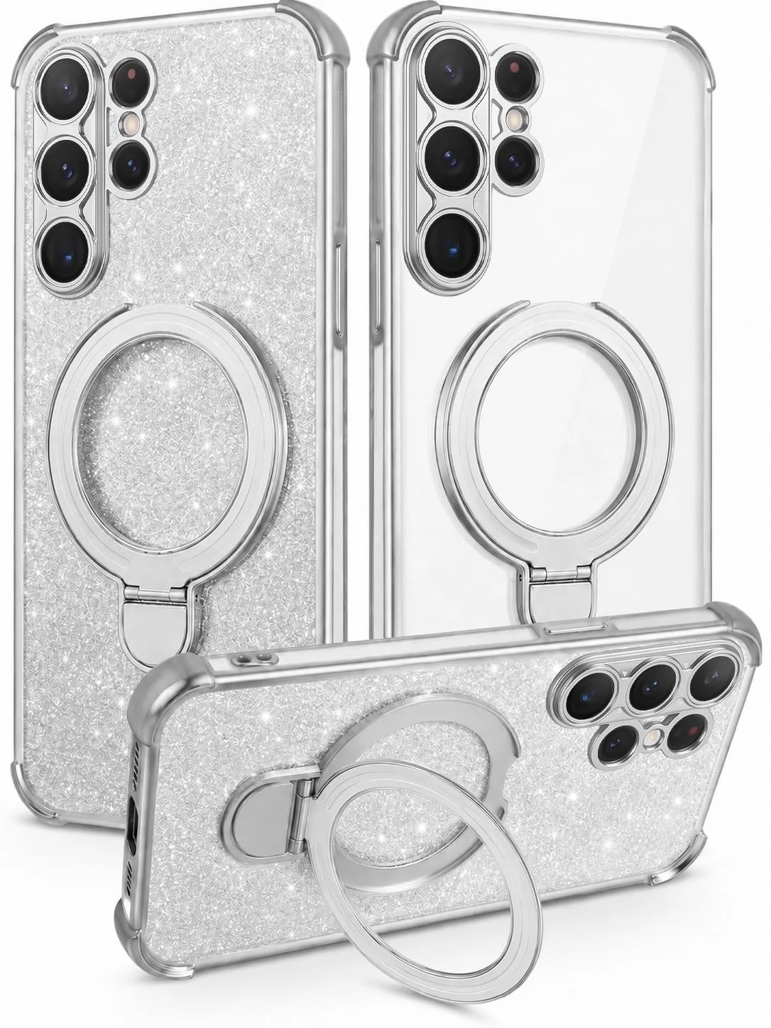 MOBIGON Glitter Phone Case with Magnetic Ring Stand for Samsung Galaxy S24 Ultra, Silver