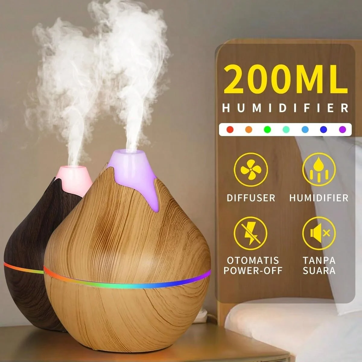 Mobigon Wood Cool Mist Ultrasonic Humidifier for Room Moisture, Aroma Diffuser for Home, 200ml Essential Oil Diffuser with 7 Colorful Night Light, Auto Shut-Off, Home, Office, car - Dark Brown