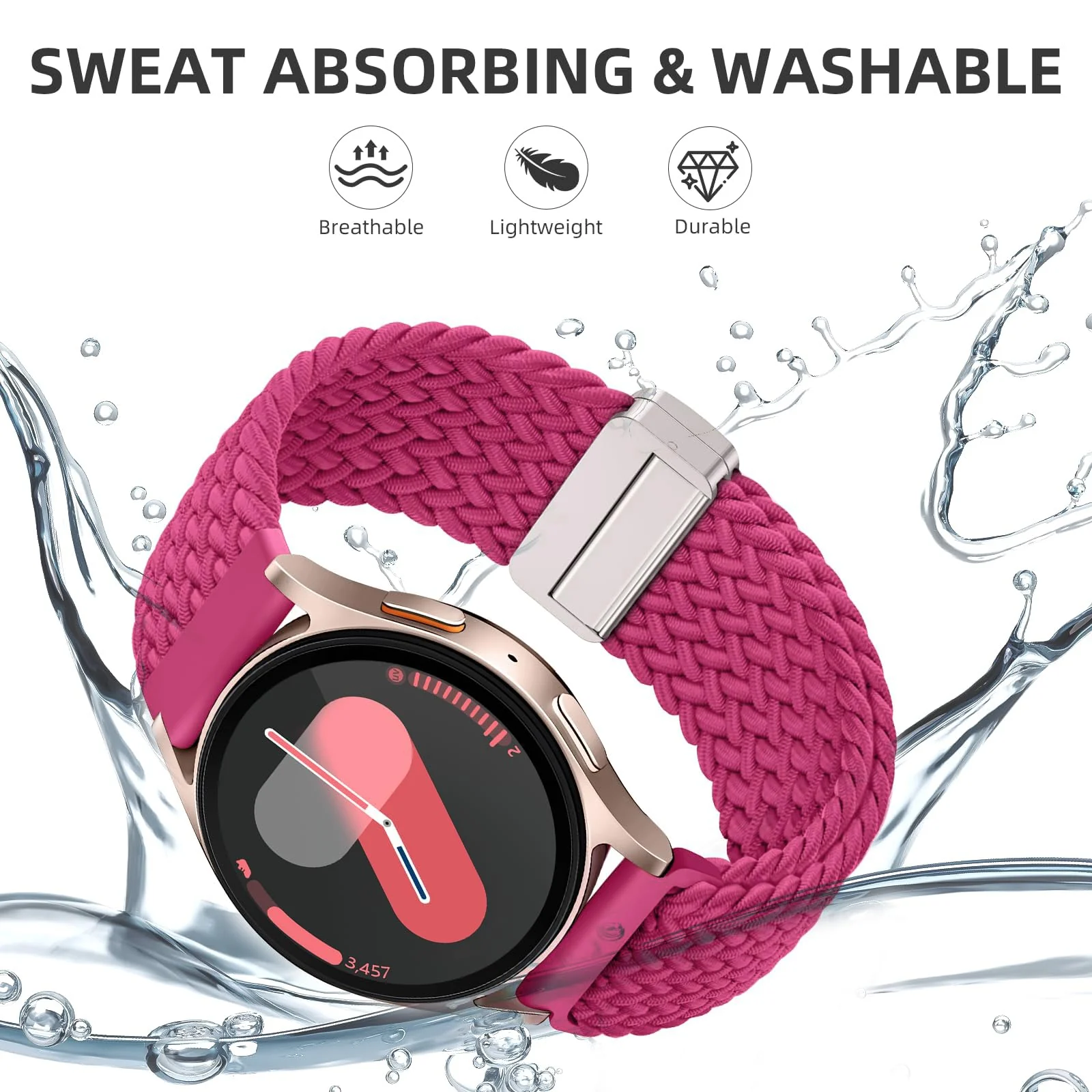 DL3 Mobilak 22mm Magnetic Band for Redmi Watch 5 Active/5 Lite/Samsung Galaxy Watch 3 45mm/Watch 46mm/Gear S3/Huawei watch GT6 GT5 46MM/GT2E/GT6 Pro/GT 5 Pro/Amazfit GTR 4/3, Stretchy Braided Nylon Sport Strap - Fuchsia