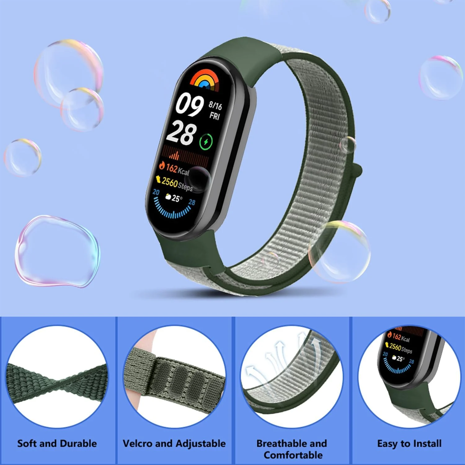 DL3 Mobilak Nylon Sport Band Compatible with Xiaomi Mi Band 10/9/8 for Women Men, Soft Adjustable Breathable Sport Loop Watch Strap Replacement Wristband for Xiaomi Smart Band 8/9/10 - Olive