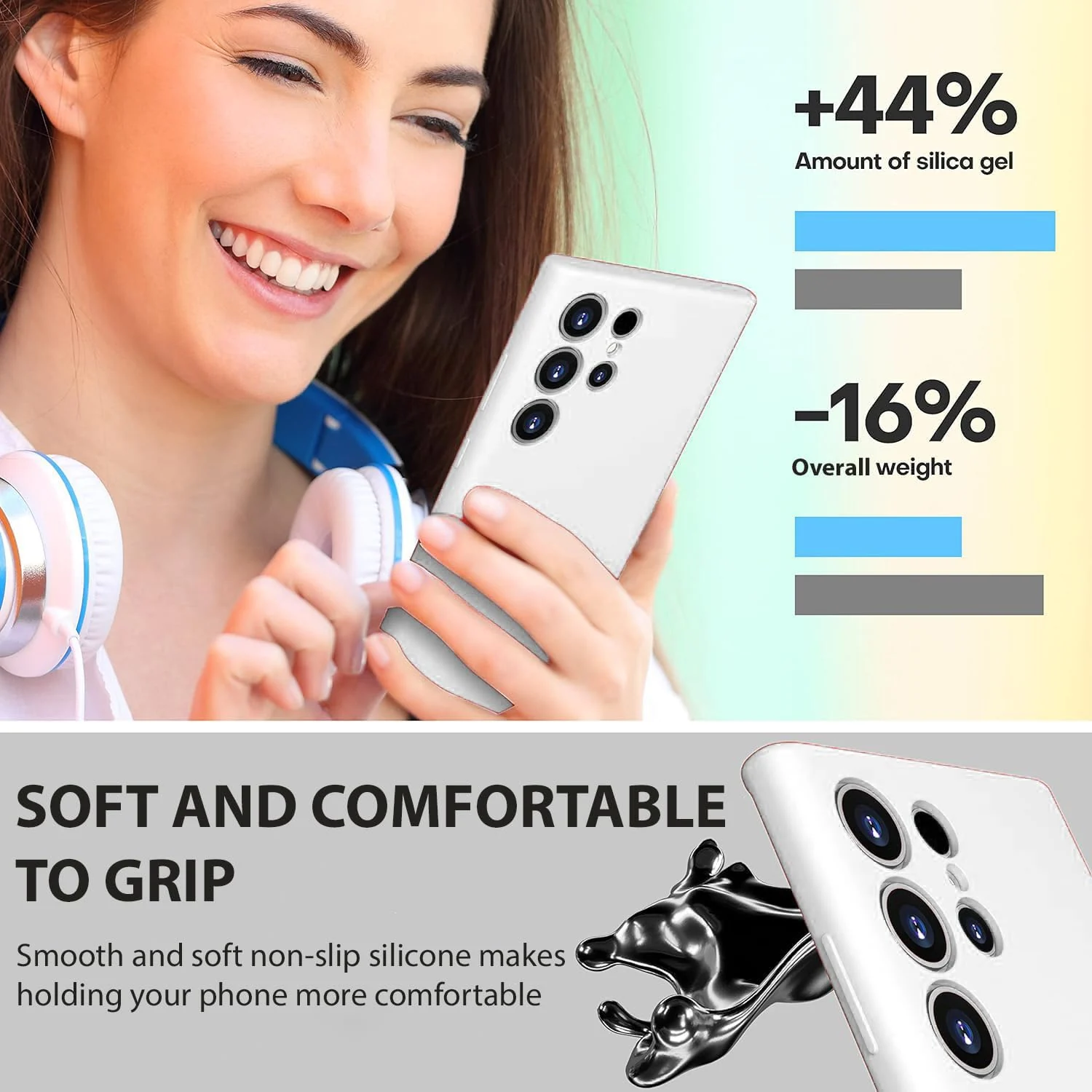 DL3 Mobilak Silicone Protective Case for Samsung Galaxy S24 Ultra, Shock-absorbing protection, Built-in kickstand, Integrated ring holder - White