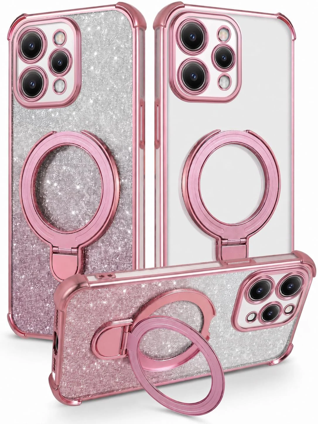 MOBIGON Glitter Phone Case with Magnetic Ring Stand for Xiaomi Redmi 12 4G / 5G, Pink