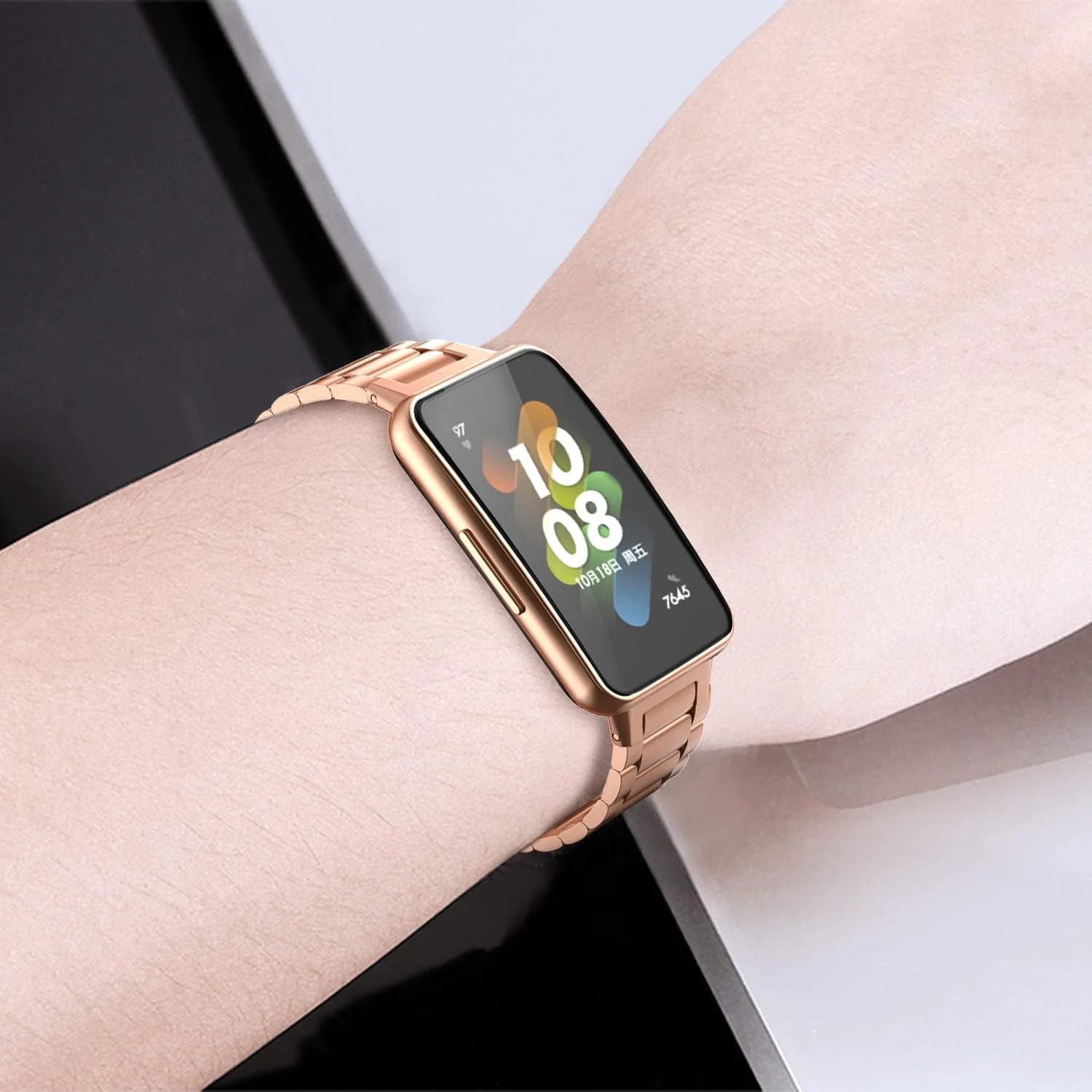 DL3 Mobilak Strap for Huawei Band 7/ Honor Band 7 Stainless Steel Replacement Metal Straps Bracelet Compatible with Huawei Watch Band 7 Standard and Huawei Band 7 NFC Edition Bracelets - Rose Gold