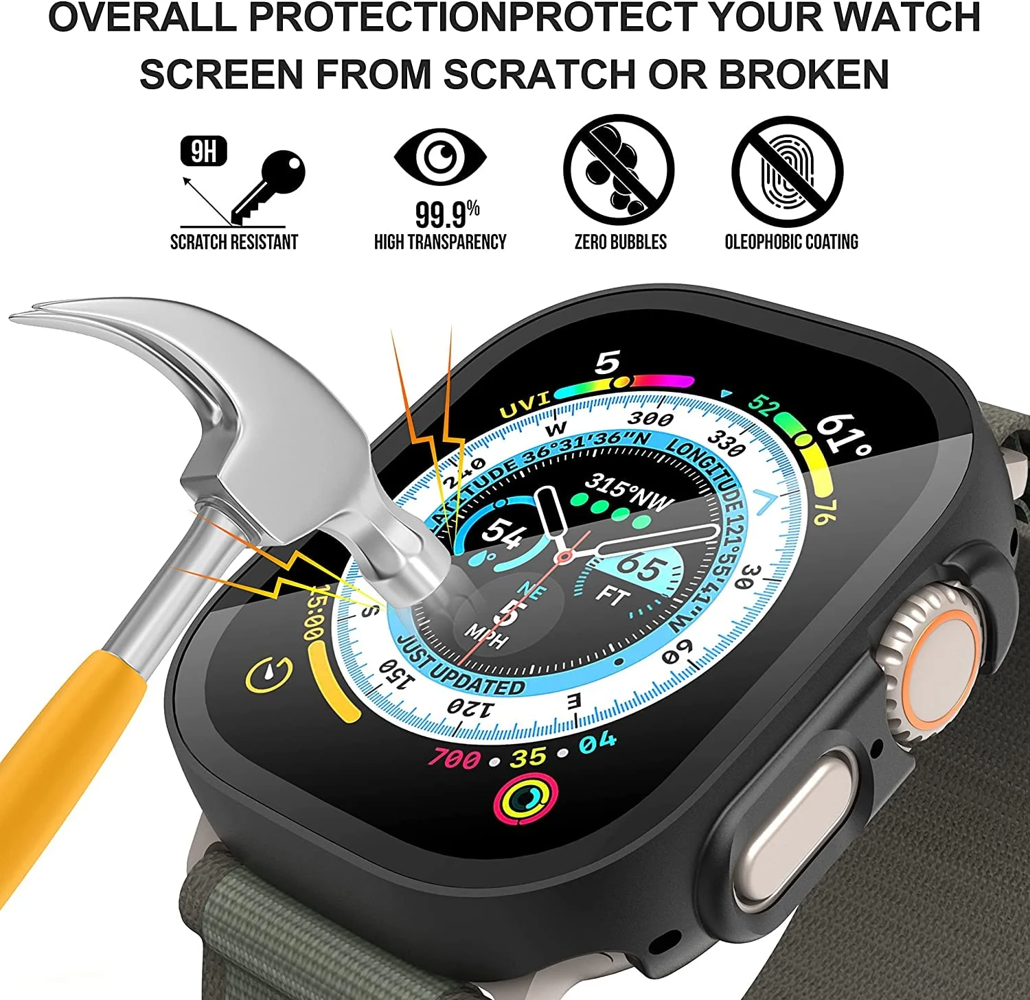 DL3 Mobilak Hard Case Designed for Apple Watch Ultra 2 (2023) / Ultra 1 49mm, Built-in 9H [HD Clear] Tempered Glass Screen Protector, [Full Protection] Slim Cover for iWatch 49mm - Black