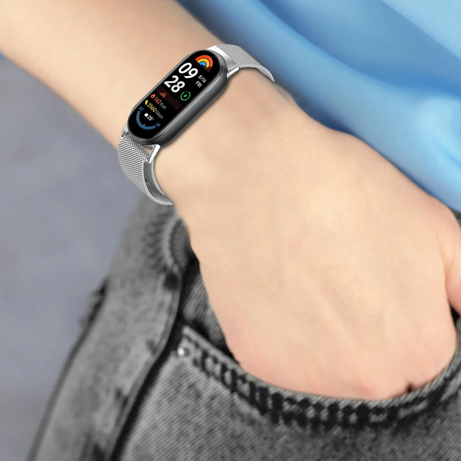 DL3 Mobilak Bracelet Compatible with Xiaomi Mi Band 10/9/8, Stainless Steel Replacement Straps, Mesh Metal Watch Strap, Magnetic Adjustable Replacement Strap For Xiaomi Smart Band 8/9/10 - Silver