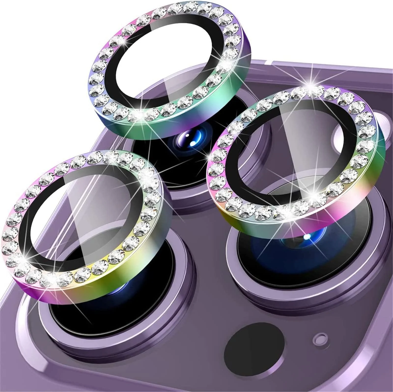 DL3 Mobilak Camera Lens Protector For iPhone 15 Pro/iPhone 15 Pro Max, [Keep Original Shooting] Tempered Glass Screen Protector Metal Individual Camera Cover, Case Friendly - Diamond Colorful
