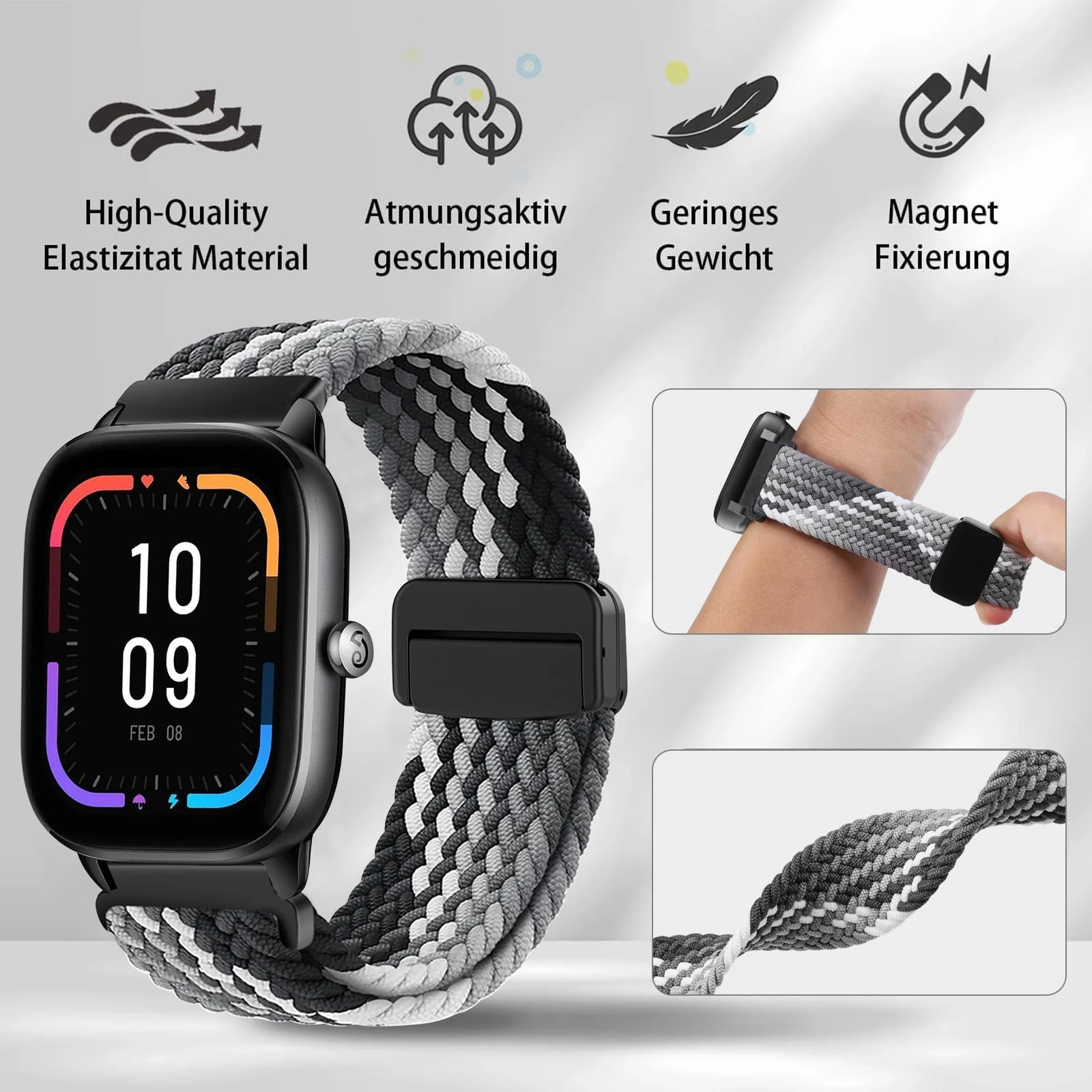 DL3 Mobilak Braided Bracelet Compatible with Redmi Watch 4/5 / 6 / Xiaomi Smart Band 8 Pro/Band 9 Pro, Nylon Magnetic Fabric Elastic Sport Nylon Replacement Strap for Men Women - Colorful Black