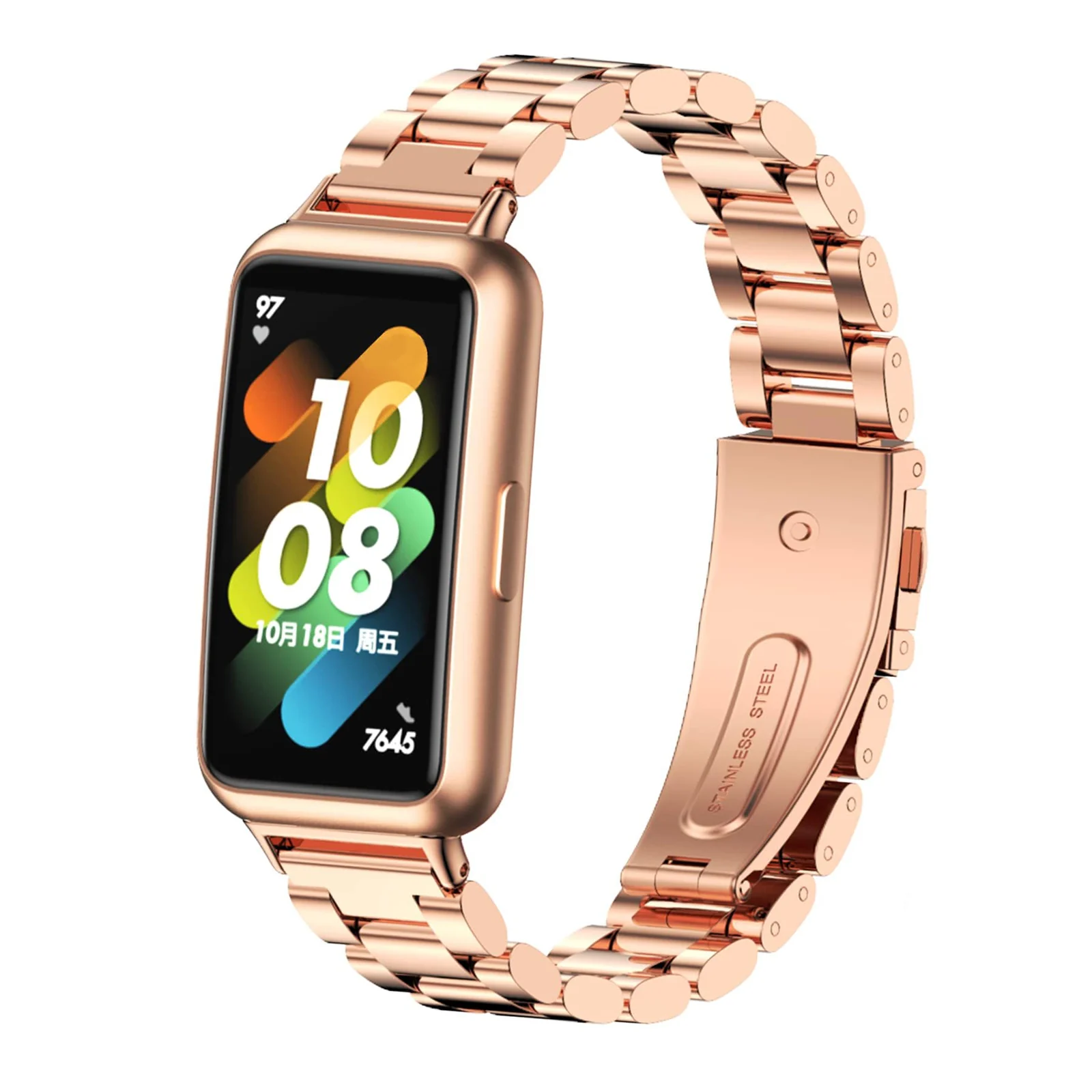 DL3 Mobilak Strap for Huawei Band 7/ Honor Band 7 Stainless Steel Replacement Metal Straps Bracelet Compatible with Huawei Watch Band 7 Standard and Huawei Band 7 NFC Edition Bracelets - Rose Gold