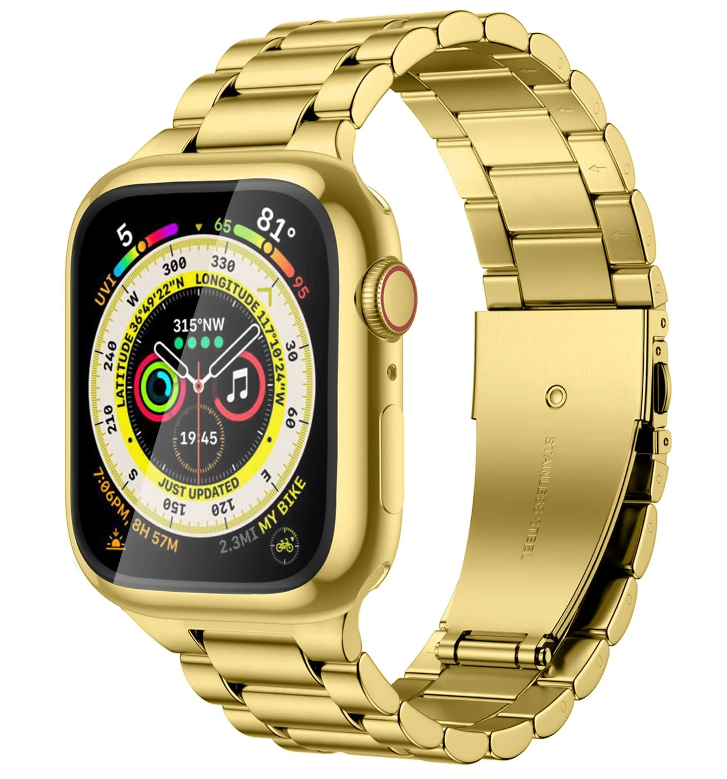 DL3 Mobilak Stainless Steel Band with Case Compatible with Apple Watch Band Series 9/8/7 45mm, Men Woman Business Metal Strap with Protective Bumper Cover for iWatch Series 7/8/9 45mm - Gold