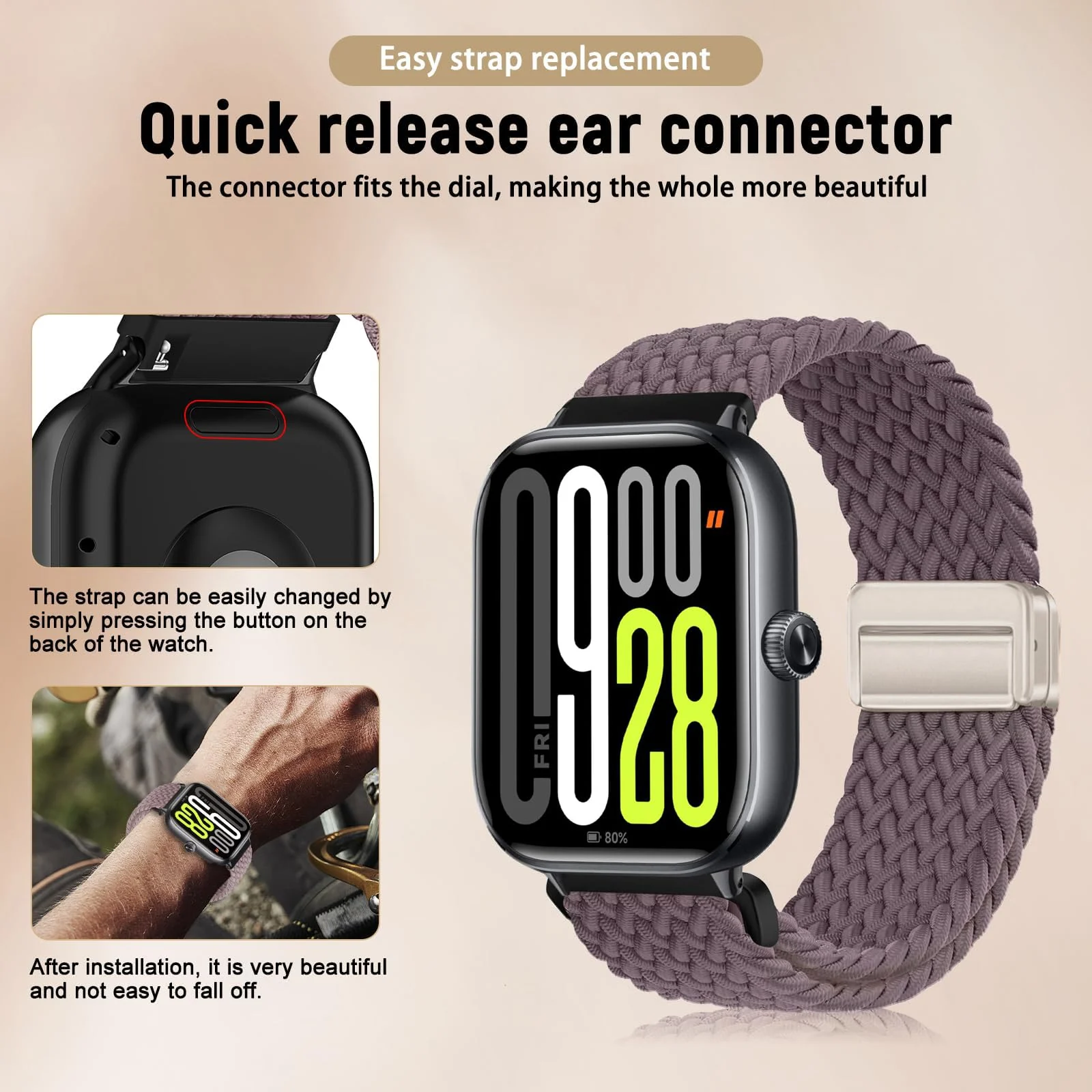 DL3 Mobilak Braided Bracelet Compatible with Redmi Watch 4/5 / 6 / Xiaomi Smart Band 8 Pro/Band 9 Pro, Nylon Magnetic Fabric Elastic Sport Nylon Replacement Strap for Men Women - Smoke Violet