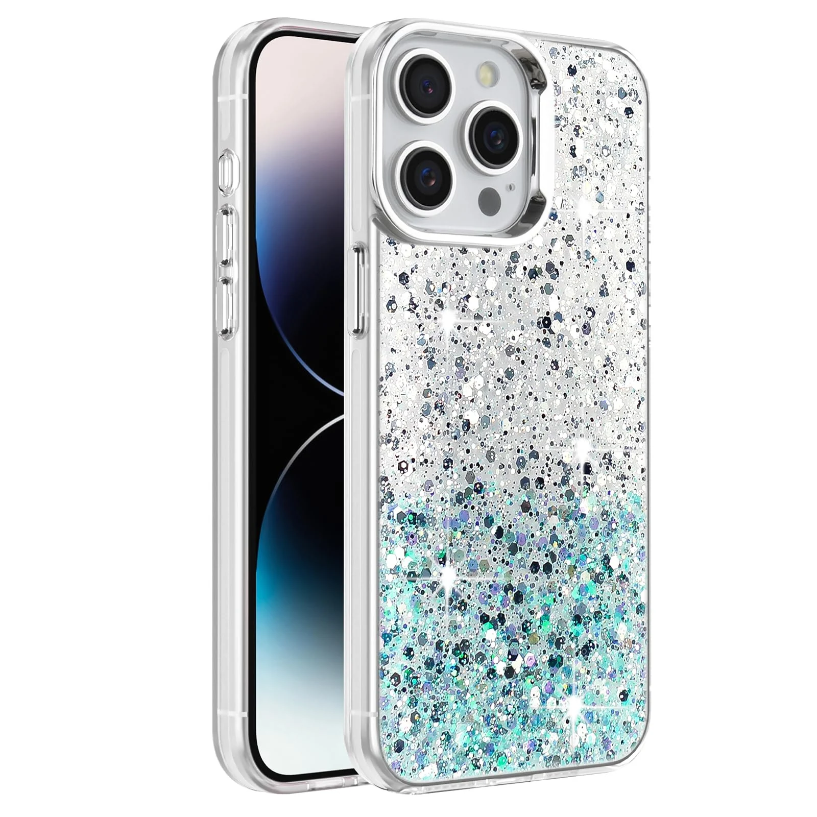 DL3 Mobilak Glitter Rhinestone Protective Case for iPhone 16 Pro 6.3-inch with Shockproof Design - White Green