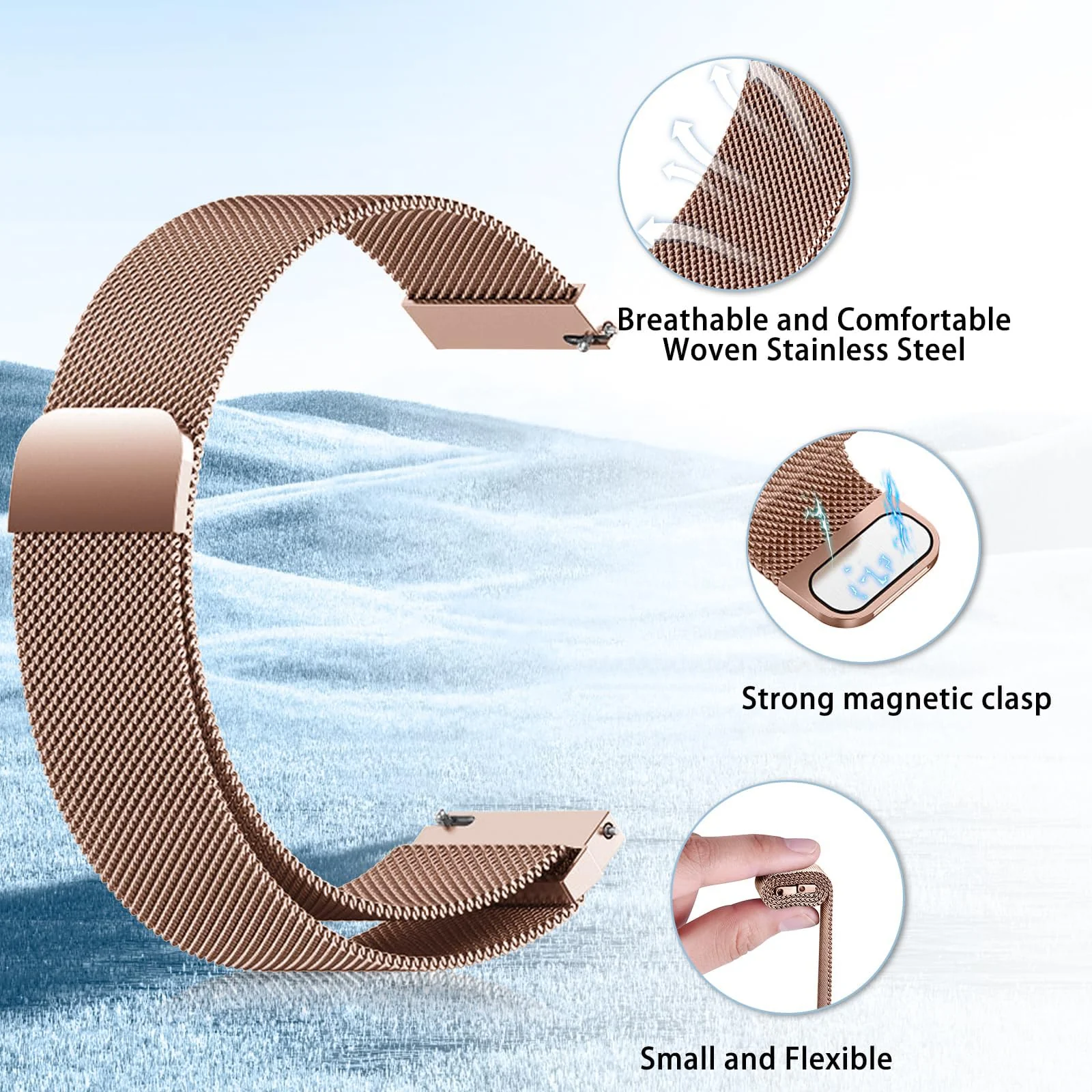 DL3 MOBILAK Milanese Magnetic Stainless-Steel Watch Strap for Xiaomi Redmi Watch 5 Lite and 5 Active - Rose Gold