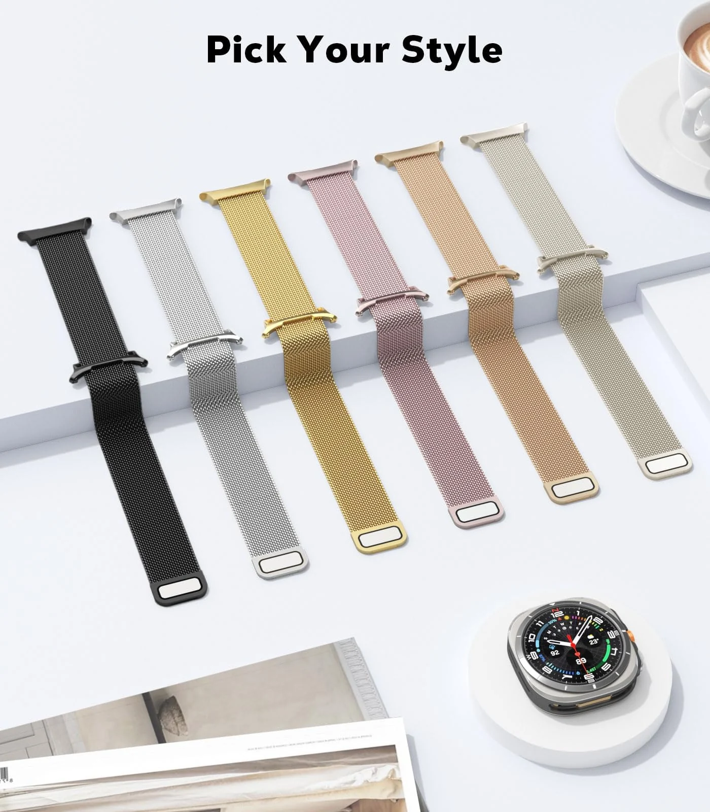 DL3 Mobilak Metal Band Compatible with Samsung Galaxy Watch 7 Ultra Bands 47mm, Stainless Steel Mesh Loop Magnetic Clasp Wristbands Replacement Accessory Women Men for Samsung Watch Ultra Band 47 mm - Rose Gold