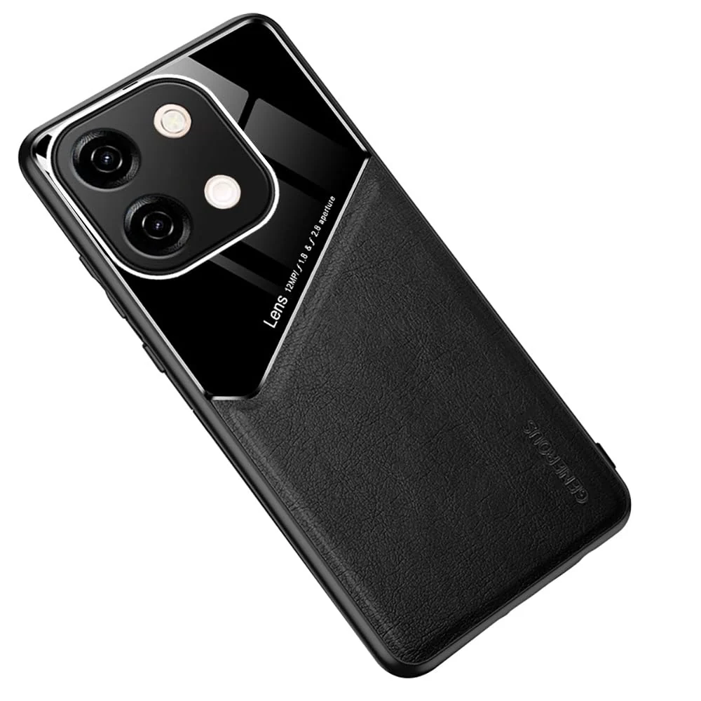 DL3 Mobilak Luxury Case Compatible with Vivo Y28 4G, Ultra-Thin Soft TPU Frame, Back Leather Mixed Double+Plexiglass Protective Cover With Built-in Car Magnetic - Black