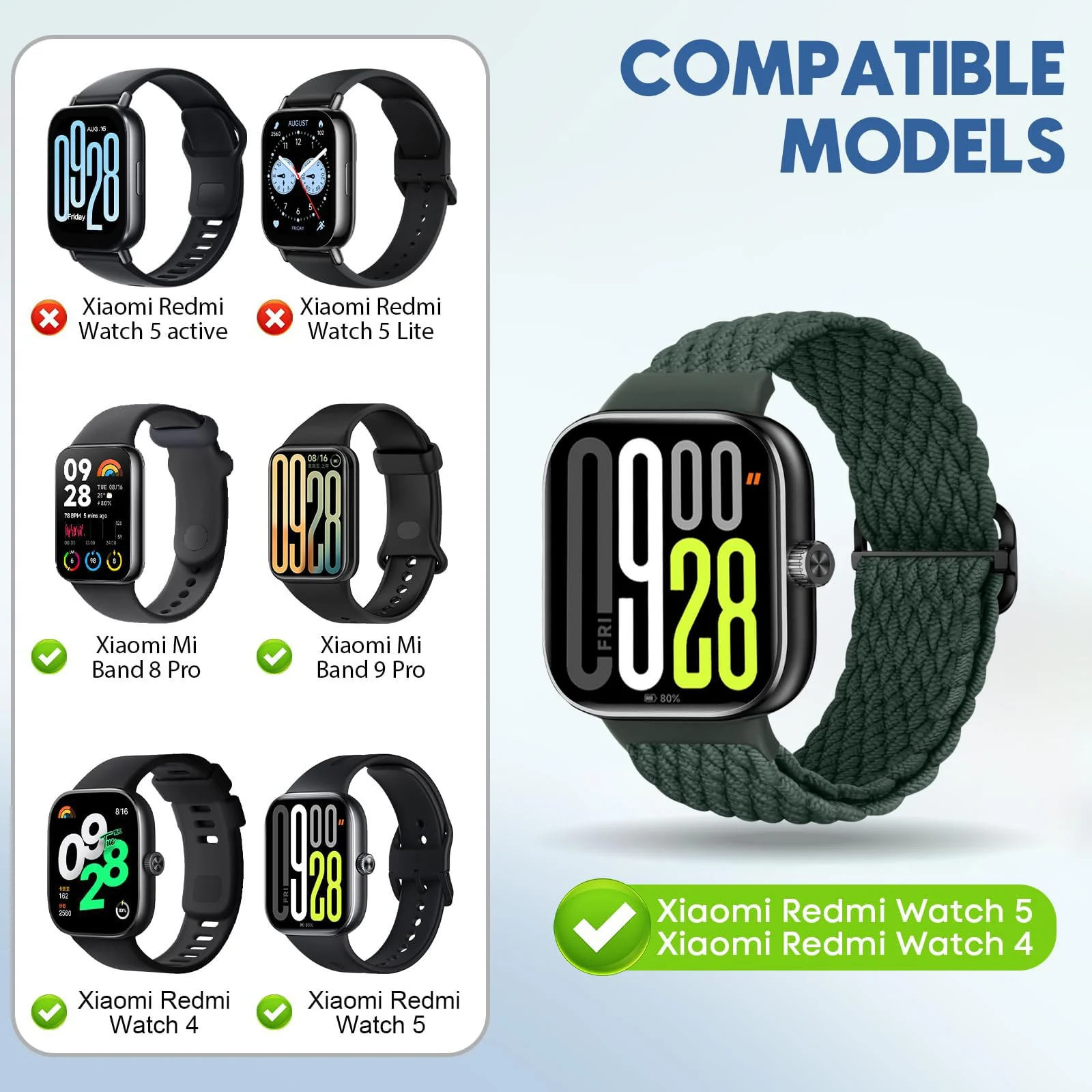 DL3 Mobilak Replacecment Band For Redmi Watch 4/Redmi Watch 5/Xiaomi Smart Band 8 Pro/Band 9 Pro for Women Men, Adjustable Braided Bands Straps Elastics Sport Wristband Nylon Strap - Green