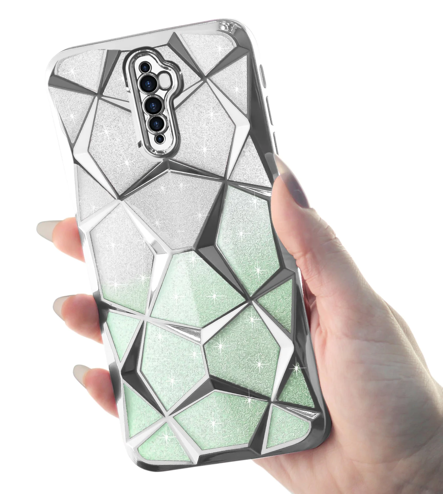 DL3 Mobilak Compatible with OPPO Reno 2F / Reno 2Z Case Plating Bling Gradient Glitter Clear Cover Soft TPU Silicone Cute Camera Protection Shockproof Back for Women Girls Case - Silver Green