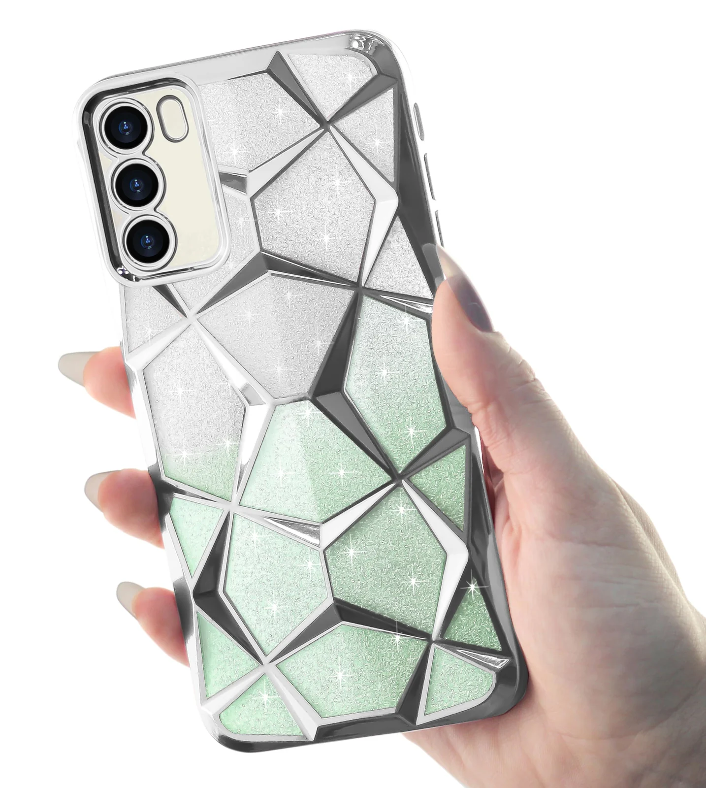 DL3 Mobilak Compatible with OPPO Reno 6 4G (Not Reno6 5G) Case Plating Bling Gradient Glitter Clear Cover Soft TPU Silicone Cute Camera Protection Shockproof Back for Women Girls Case - Silver Green