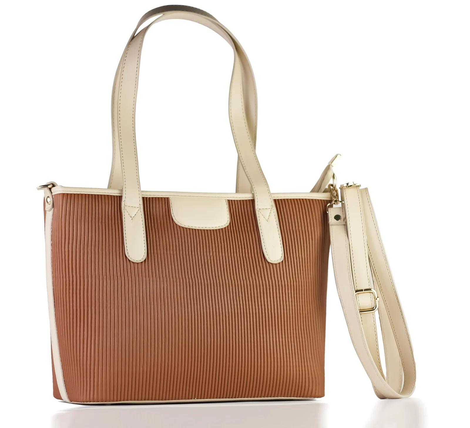 Mobigon Premium Ribbed Tote Bag for Women, Elegant Two-Tone Handbag with Secure Zipper Closure, Triple-Compartment Interior, Detachable Shoulder Strap for Work & Daily Use - Light Brown/Beige