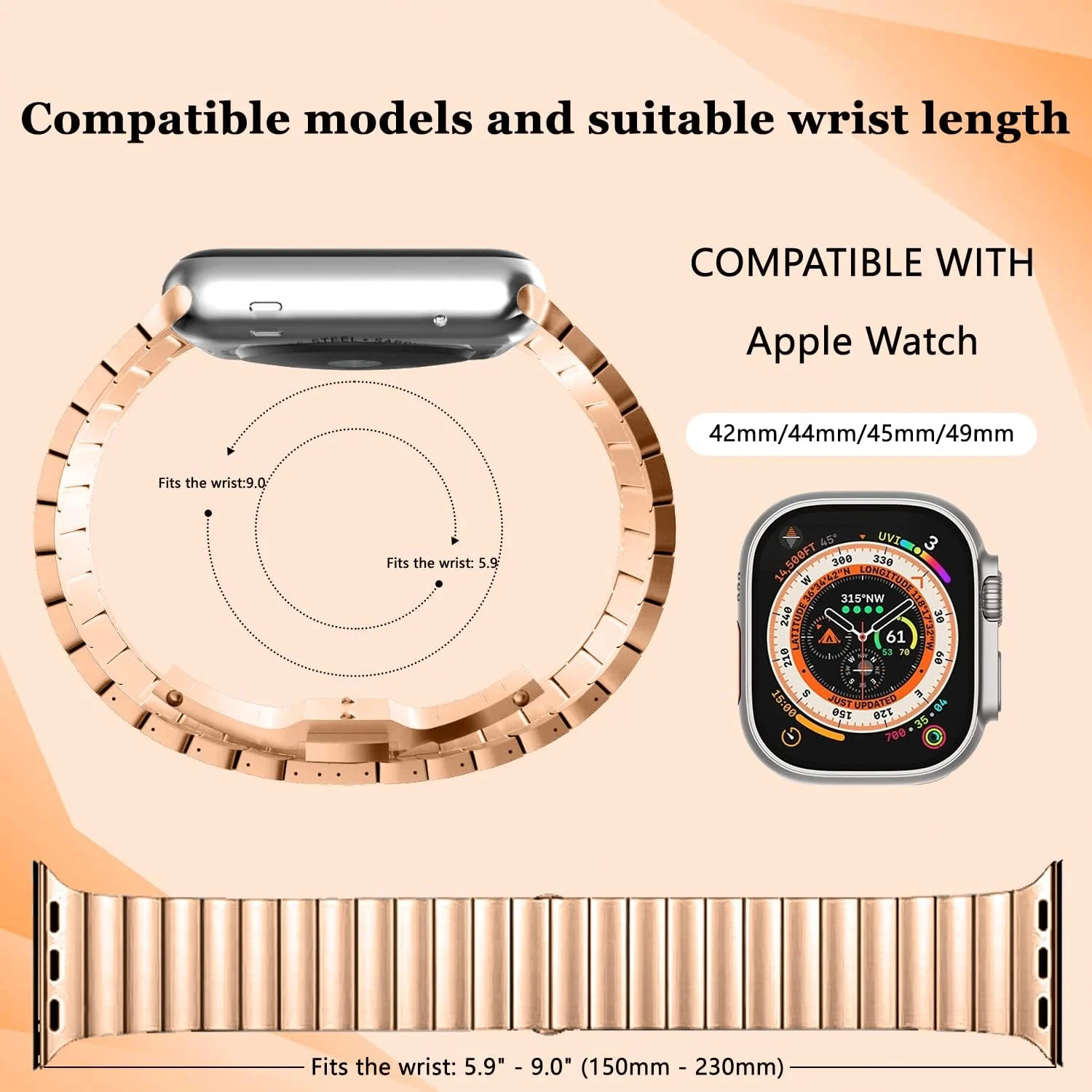 DL3 Mobilak Compatible with Apple Watch 49mm 46mm 45mm 44mm 42mm Strap, Solid Stainless Steel Link Bracelet Metal Band for iWatch Ultra 3 2 1/Series 11 10 9 8 7 6 5 4 3 2 1 SE - Rose Gold