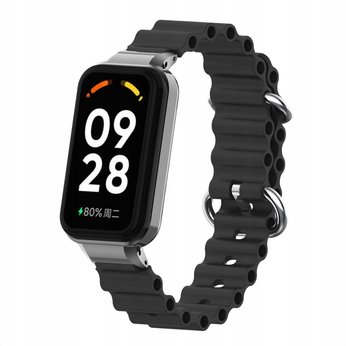 DL3 Mobilak Ocean Strap Compatible with Xiaomi Redmi Band 2/Smart Band 8 Active, Adjustable Silicone Band with Metal Buckle and Frame for Women and Men - Black