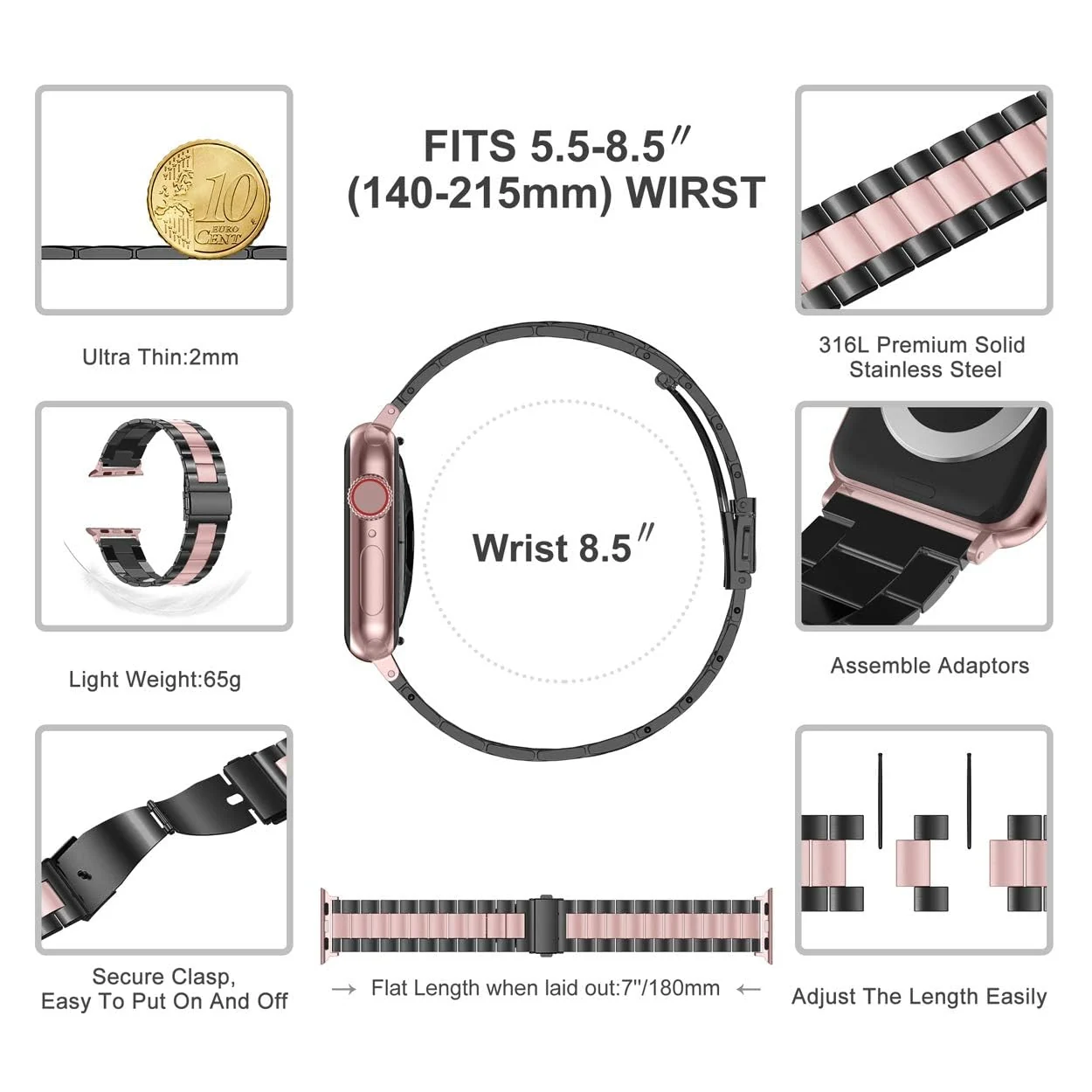 DL3 Mobilak Stainless Steel Band with Case Compatible with Apple Watch Band 45mm Series 9/8/7, Men Woman Business Strap with Protective Bumper Cover for iWatch Series 7/8/9 45mm - Black Pink