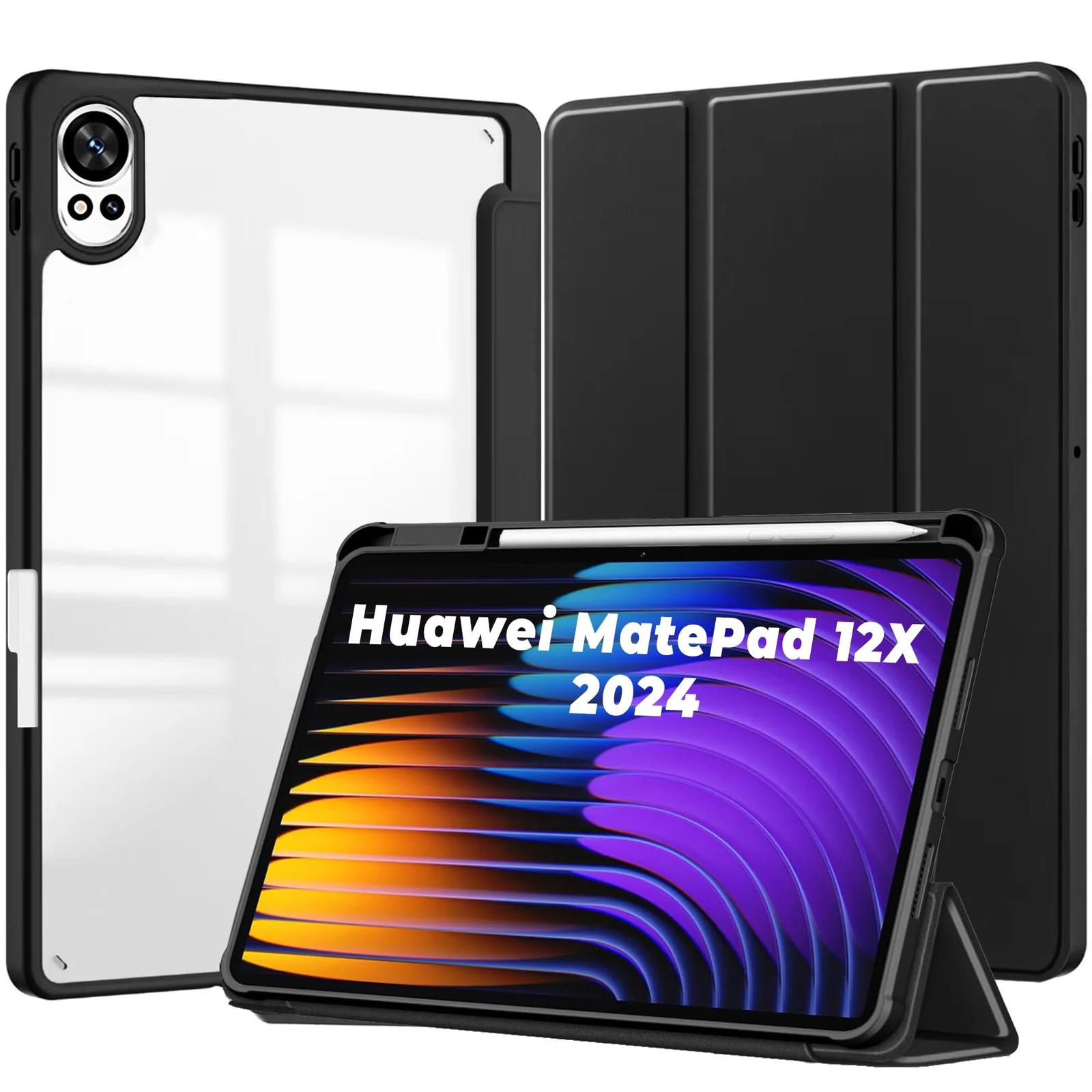 DL3 Mobilak Case for Huawei Matepad 12X 2024 / MatePad Air 12 inch 2024 with Built-in Pencil Holder, Clear Transparent PC Back, Shockproof Tri-Fold Stand Tablet Cover, Auto Wake/Sleep - Black