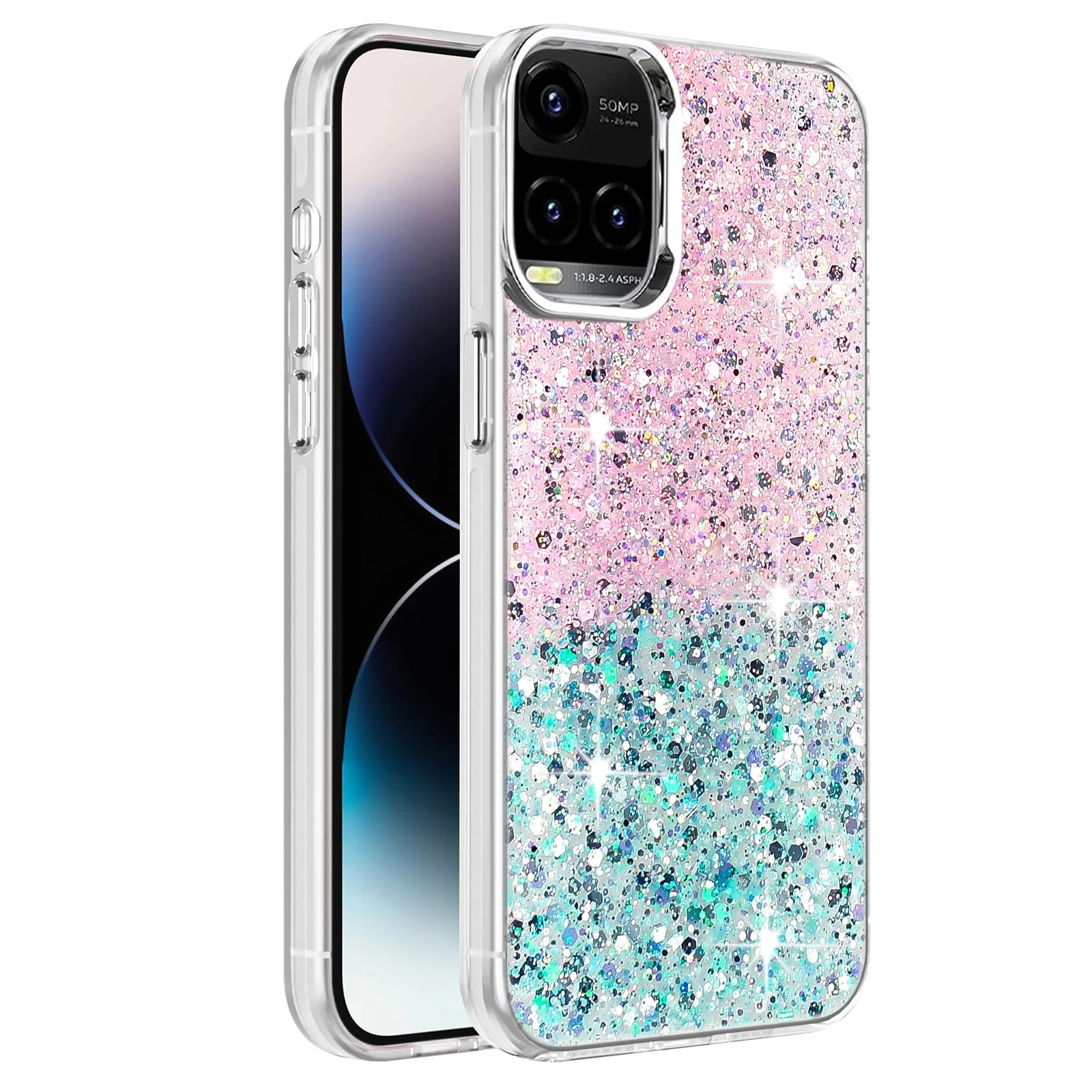 Dl3 Mobilak Compatible with Vivo Y33S 4G/Y33/Y21S /Y21 Case, Clear Glitter Bling Sparkly, Soft TPU Frame Bumper, Hard-Back Cover for Women & Girls, Transparent Protective Phone Case (Pink Green)
