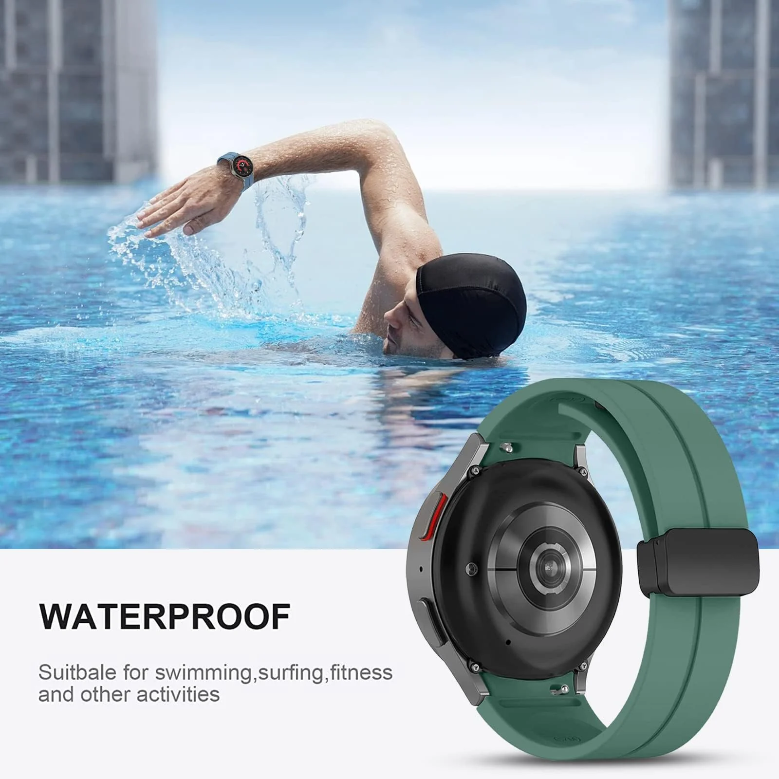 DL3 MOBILAK Magnetic for Samsung Galaxy Watch 6/5/4 Band 40mm 44mm/Galaxy Watch 6 Classic Bands 47mm 43mm/watch 4 Classic 46mm 42mm,Silicone Strap for Samsung Watch 5 Pro 45mm,No Gap Buckle - Pine Green