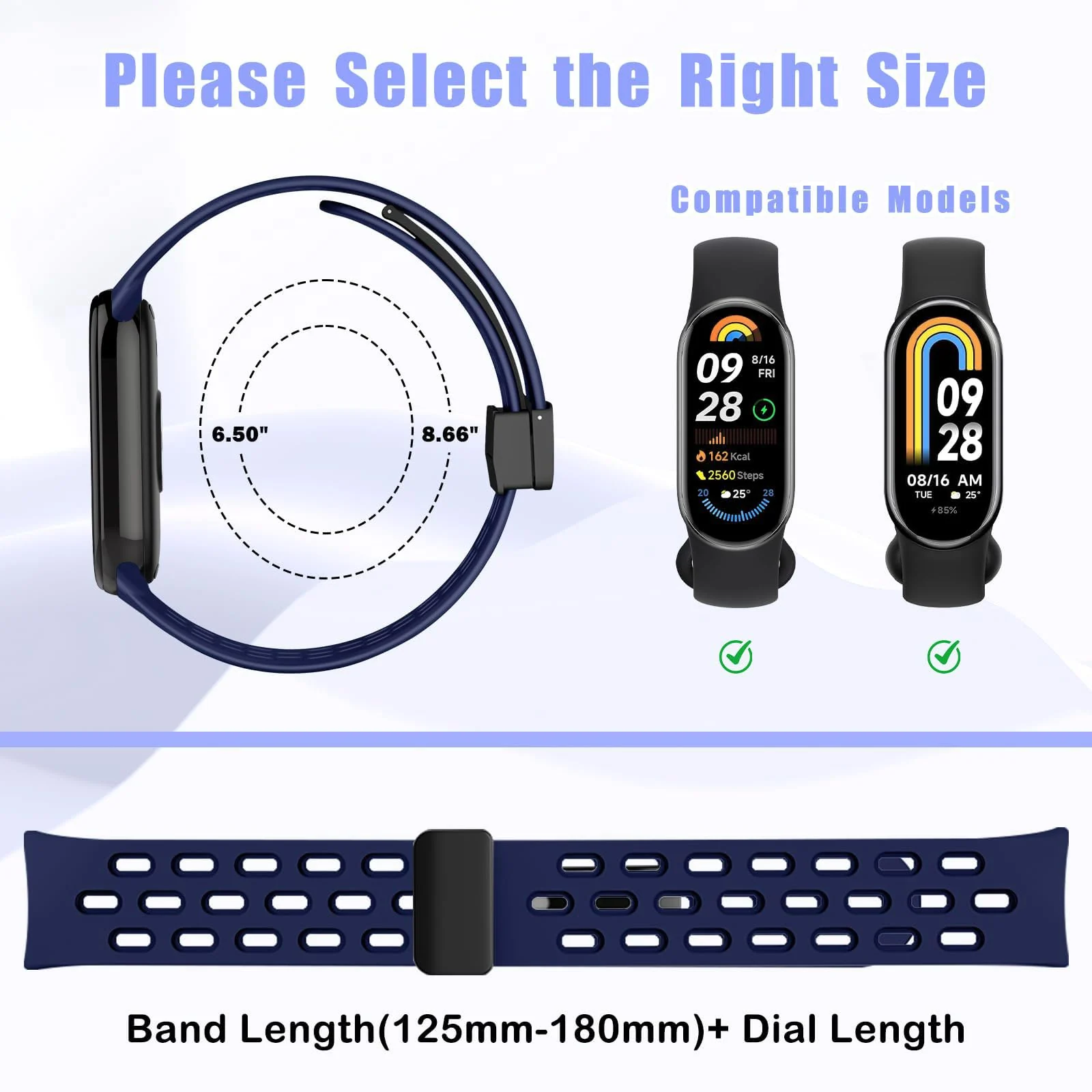 DL3 Mobilak Strap For Xiaomi Mi Band 10/9/8 Magnetic Metal Buckle Sport Silicone Breathable Strap for Men Women Band Quick Release Soft Replacment Wristband For Xiaomi Smart Band 8/9/10 - Blue