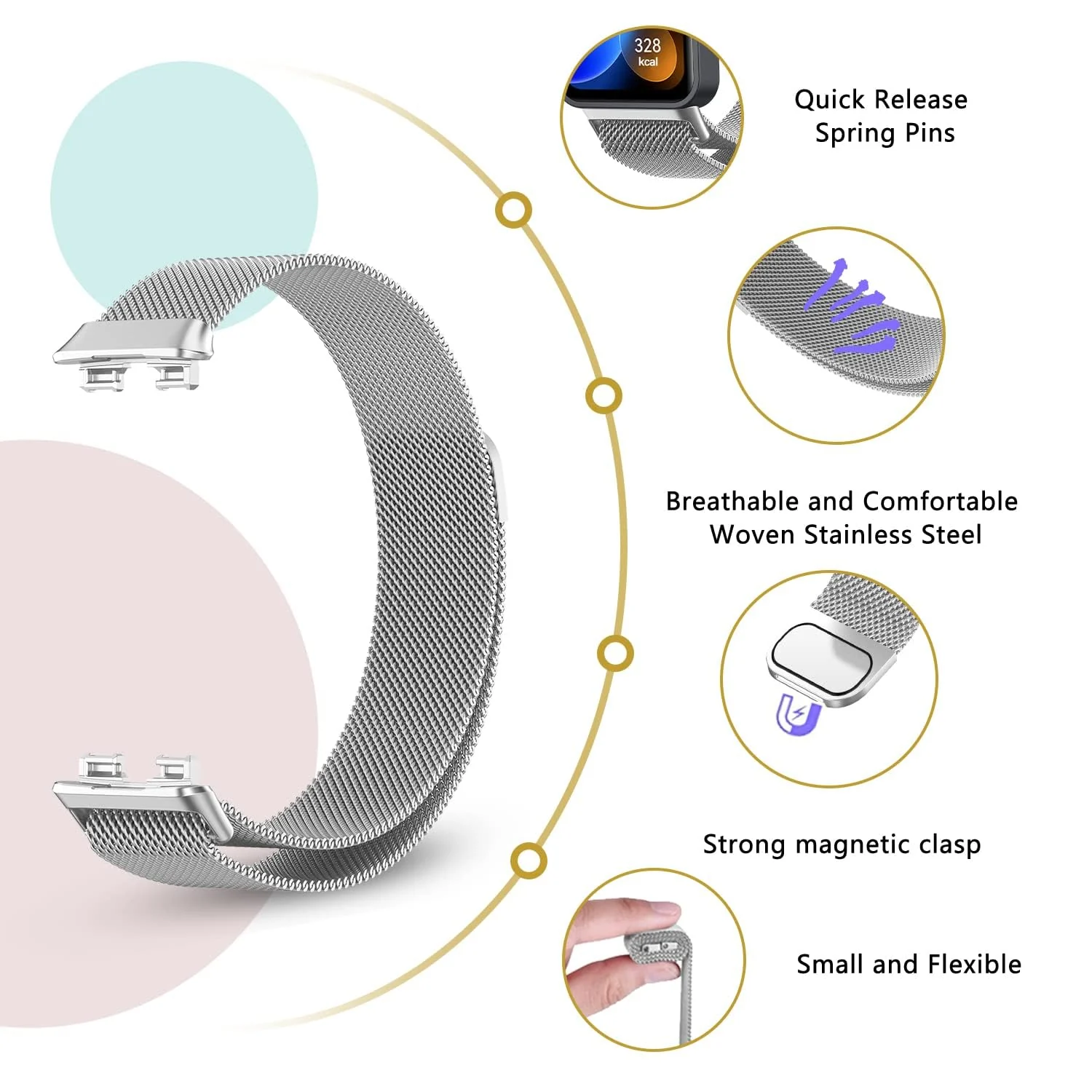 DL3 Mobilak Replacement Band for Huawei Band 8 Replacement Strap Magnetic Metal Stainless Steel Replacement Strap for Men and Women Huawei Band 8 - Silver
