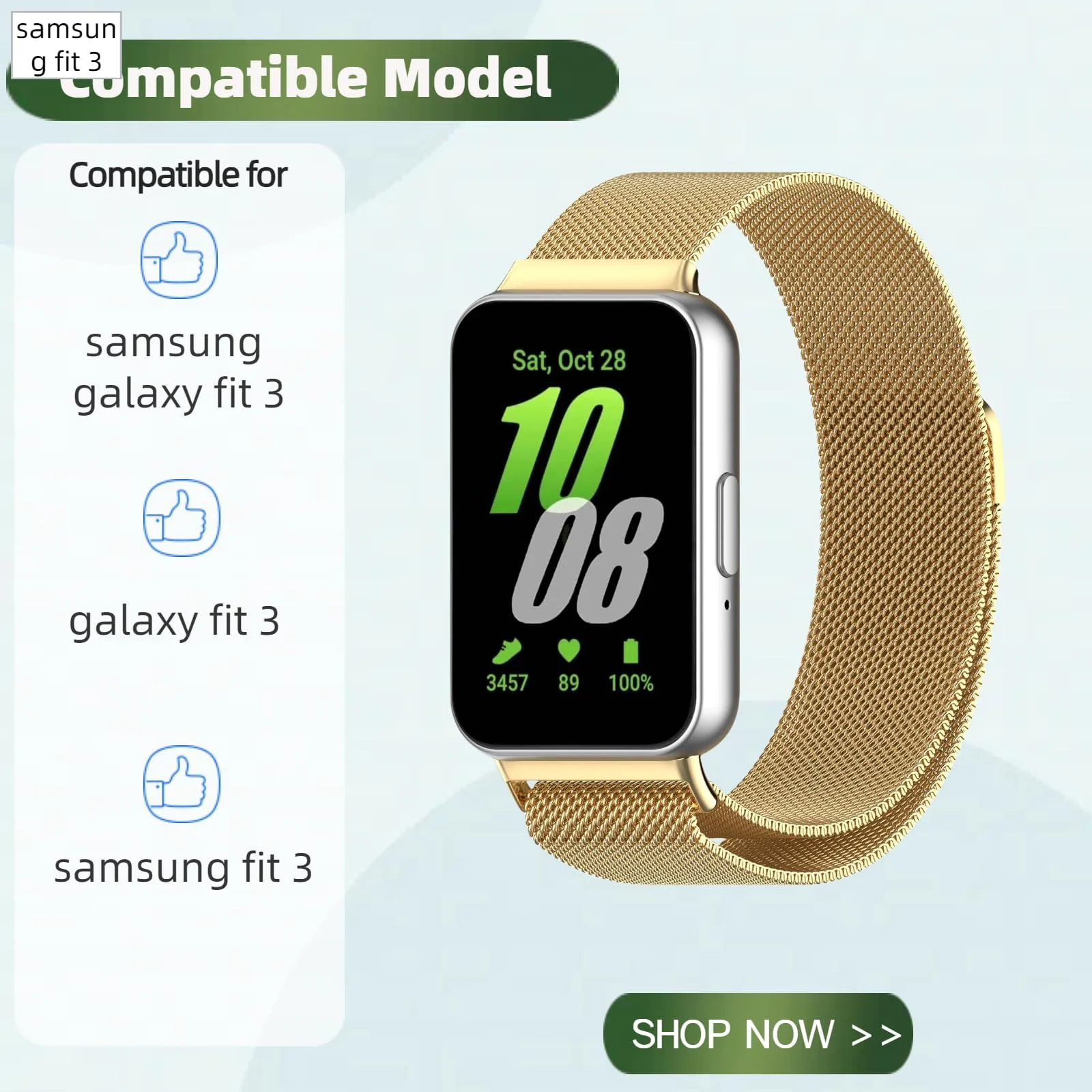DL3 MOBILAK Milanese Magnetic Stainless-Steel Watch Strap for Samsung Galaxy Fit 3, Gold