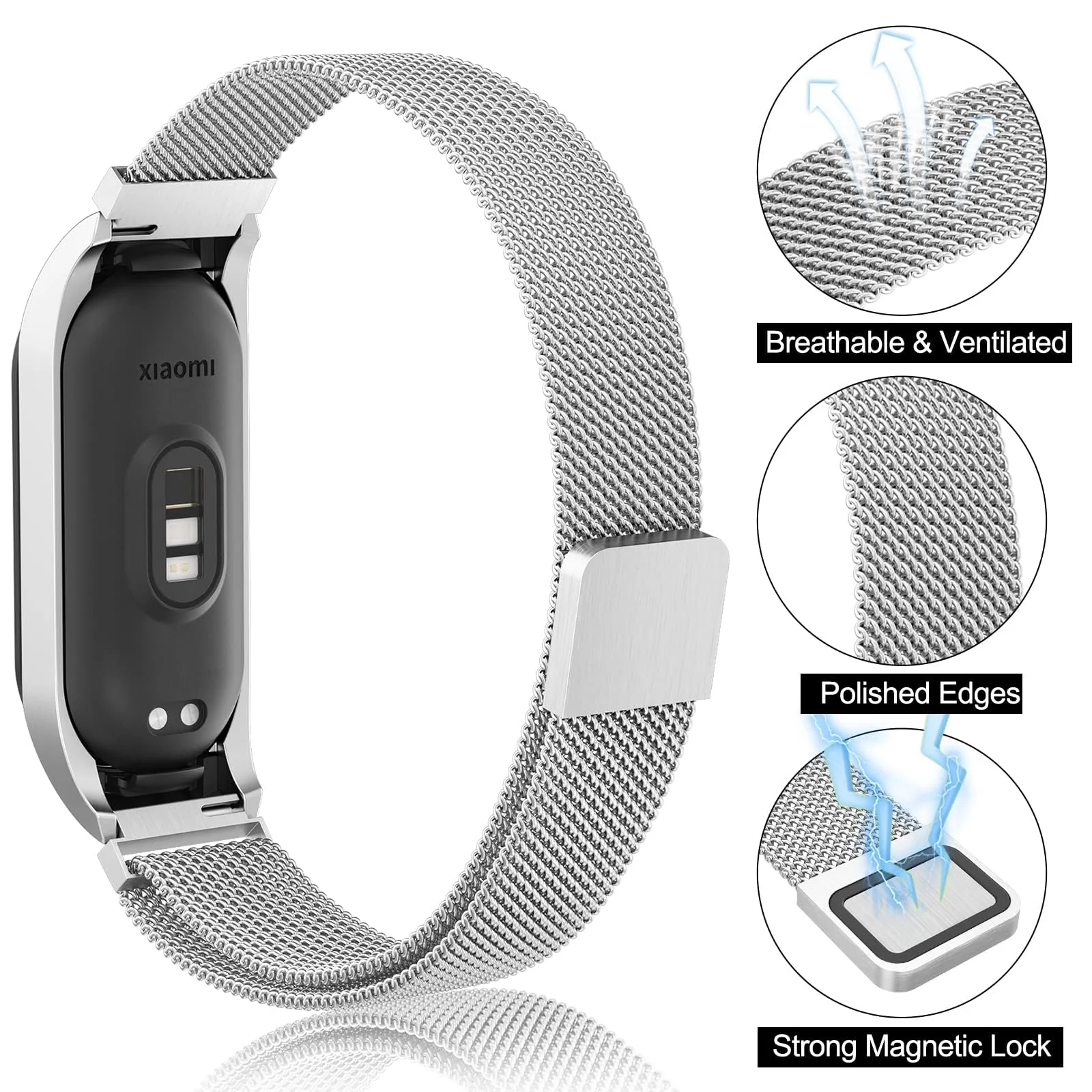 DL3 Mobilak Compatible with Xiaomi Mi Band 7 Strap for Women Men, Adjustable Stainless Steel Metal Replacement Strap Magnetic Metal Wristband, Straps Compatible with Mi Band 7 - Silver