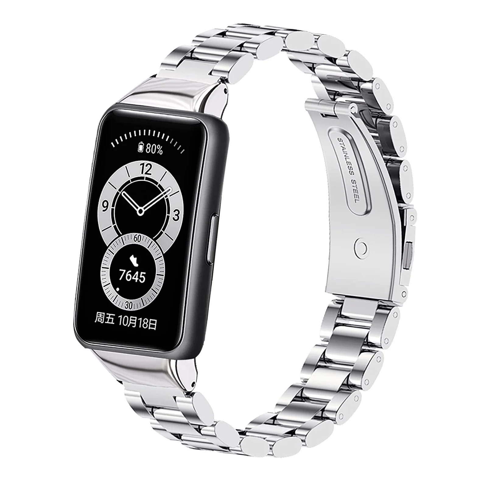 MOBIGON Stainless Steel Bracelet Strap with Double-Folding Clasp for Huawei Band 6 / HONOR Band 6 / HONOR Band 7, Silver