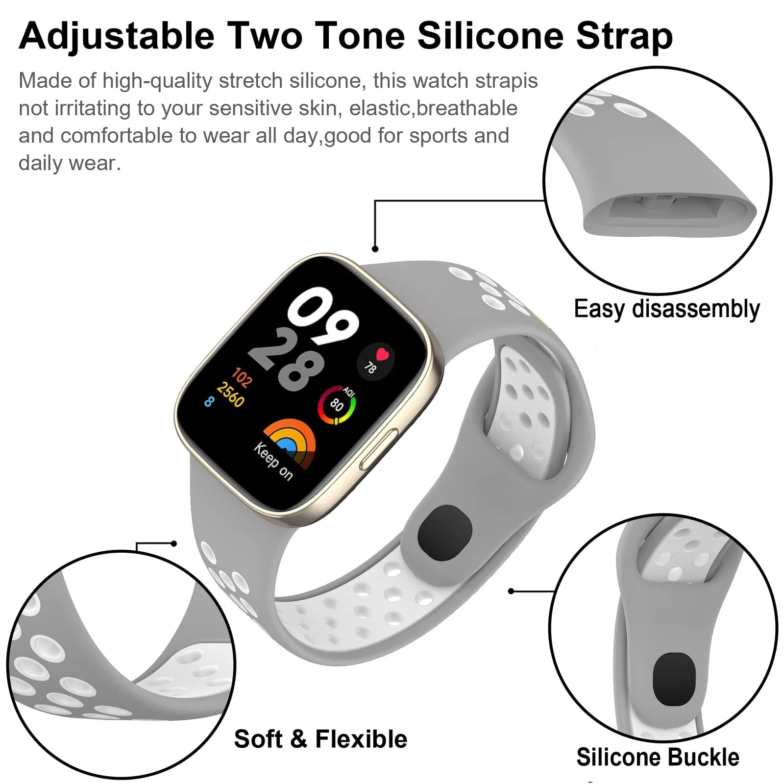 DL3 Mobilak Strap For Xiaomi Redmi Watch 3 (Not for Redmi Watch 3 Lite/Active), [Breathable] Soft Silicone Strap, Two Tone Band, Silicone Replacement Strap - Black