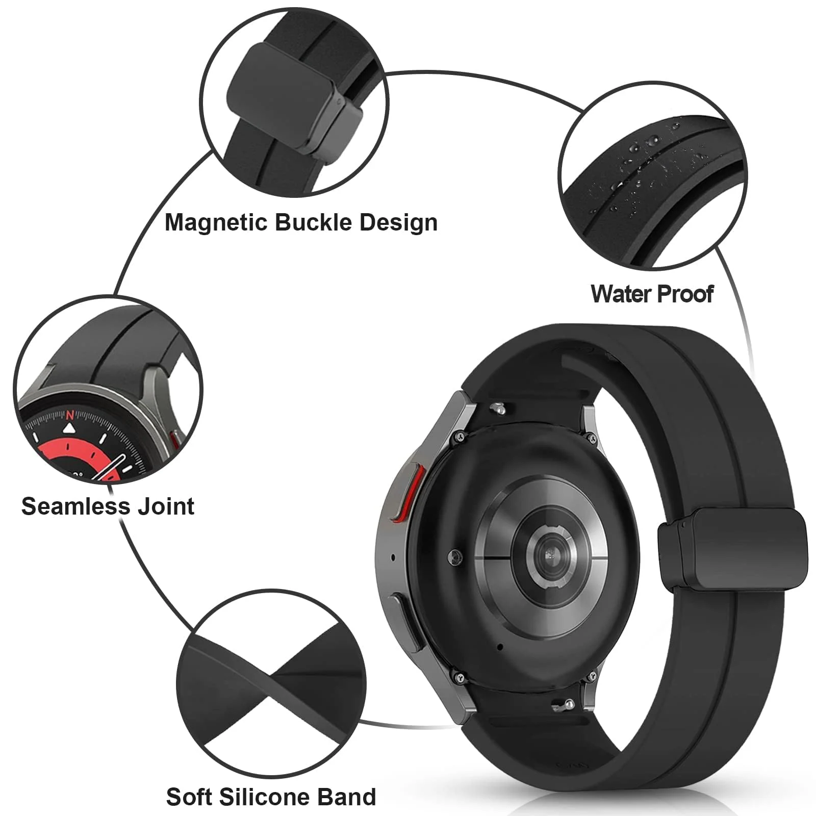 DL3 Mobilak Strap Silicone Magnetic Buckle 20MM For Samsung Gear Sport/Watch 6/5/4/5 Pro 45mm/S2 classic/active 2 40mm 44mm/Amazfit GTS 2/2e/GTS 3/3 Pro/GTS 4/GTS 2 Mini/3 Mini/4 Mini/Bip 3/Bip 3 Pro - Black