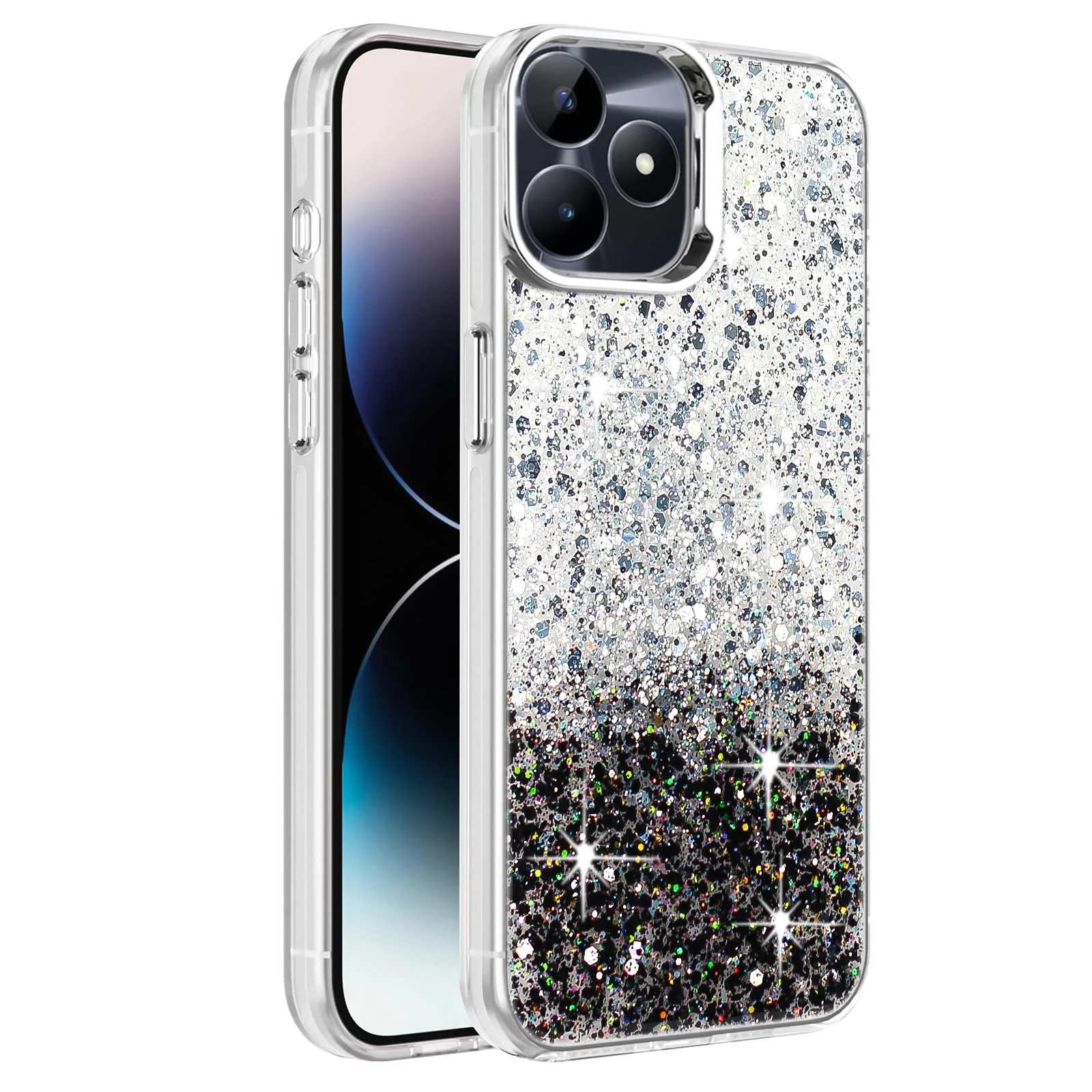 DL3 Mobilak Glitter Protective Case for realme C53 / realme C51 / realme Note 50, Supports wireless charging, Camera protection, Shock-absorbing protection - White Black