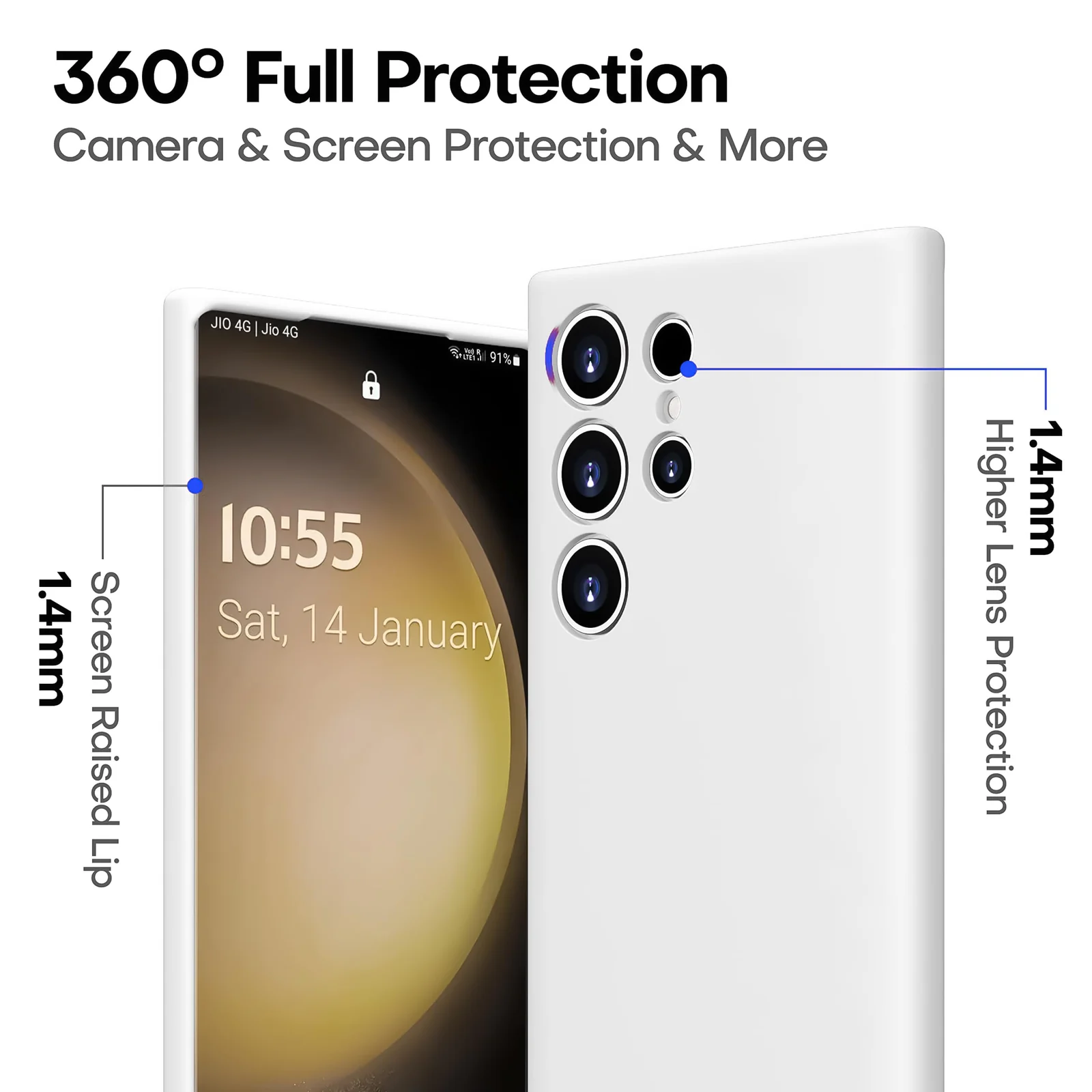 DL3 Mobilak Silicone Protective Case for Samsung Galaxy S24 Ultra, Shock-absorbing protection, Built-in kickstand, Integrated ring holder - White