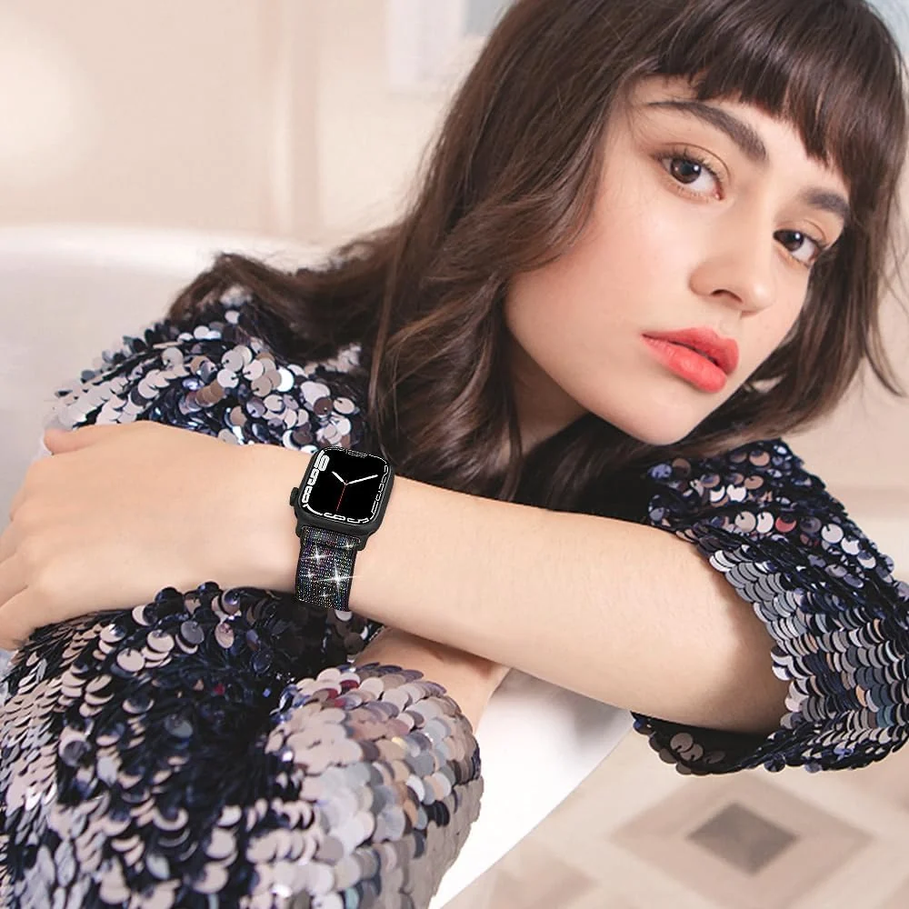 DL3 Mobilak Stretchy Bling Band For Apple Watch 49mm 46mm 45mm 44mm 42mm Women, Nylon Sparkly Strap Solo Loop Glitter Wristband for iWatch Series 11 10 9 8 7 6 5 4 SE3 SE2 SE Ultra 3 2 1 - Pride Black