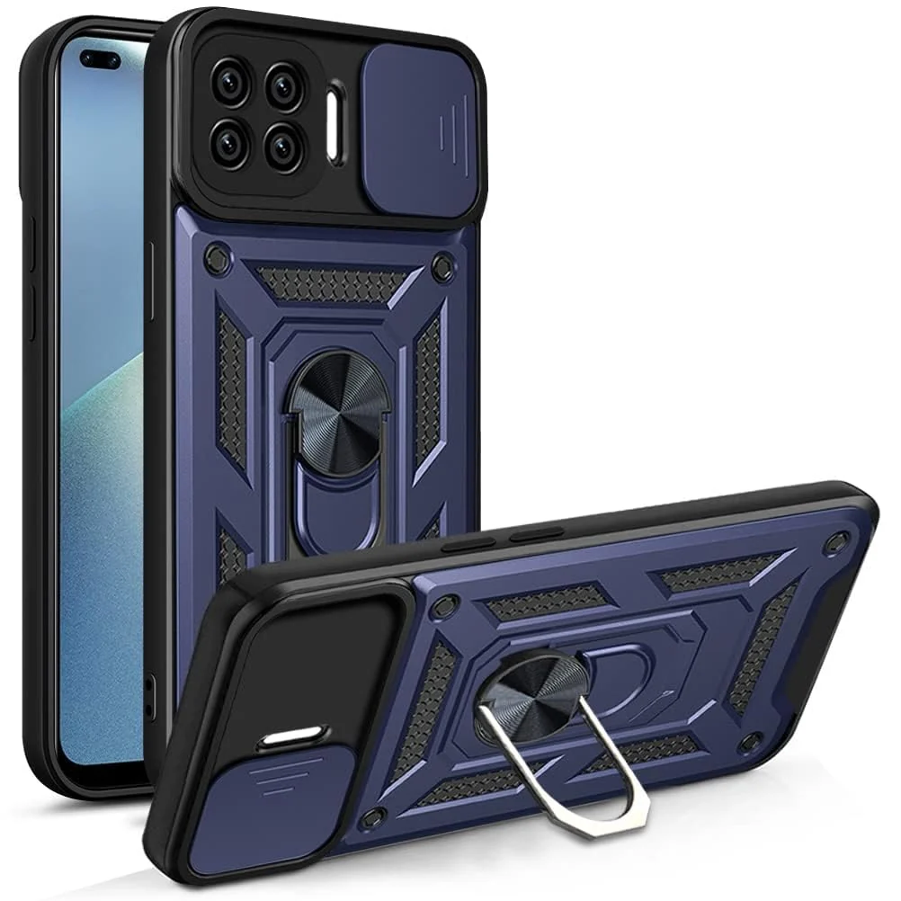 DL3 Mobilak Military-Grade Protective Case with Sliding Camera Cover, Metal Ring Kickstand and Magnetic Car-Mount Support for OPPO A93 4G / Reno4 Lite / F17 Pro / Reno 4F - Blue