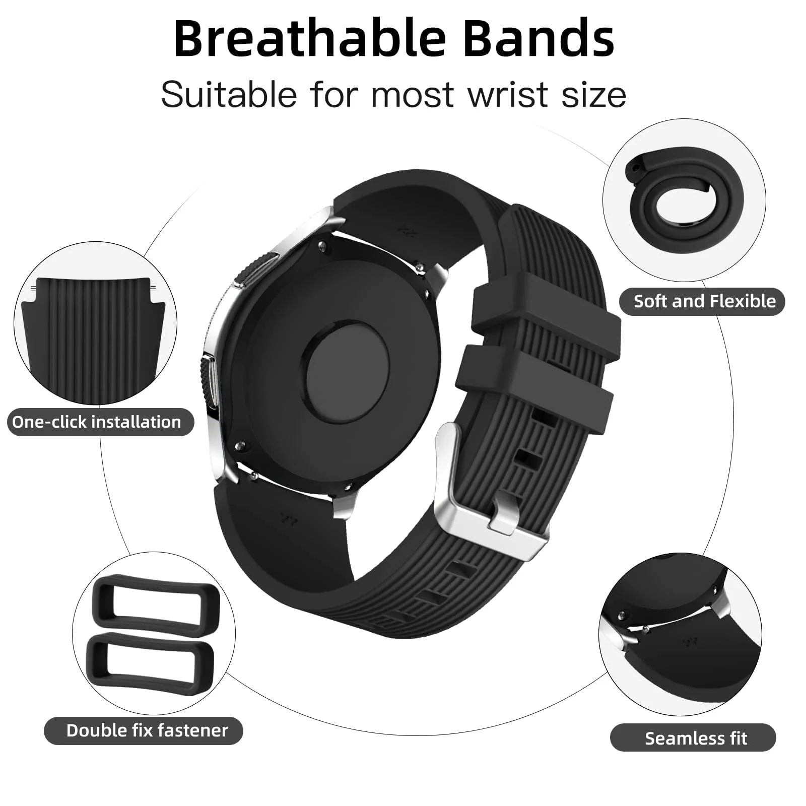 DL3 Mobilak Sport Silicone Band 20MM Strap For Samsung Gear Sport/Watch 6/5/4/5 Pro 45mm/S2 classic/active 2 40mm 44mm/Amazfit GTS/2/2e/GTS3/3 Pro/2 Mini/3 Mini/Bip 3/Bip 3 Pro - A.Black