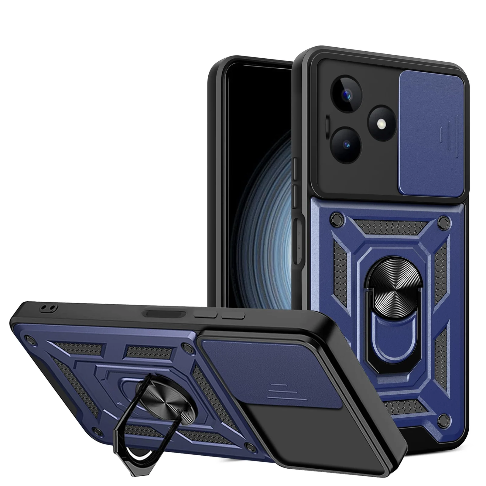 Dl3 Mobilak Case for Realme C53/Narzo N53 with Slide Camera Cover, Military Grade Shockproof Protective Cover with Rotatable Metal Ring Kickstand [Support Magnetic Car Mount] (Rose Gold)