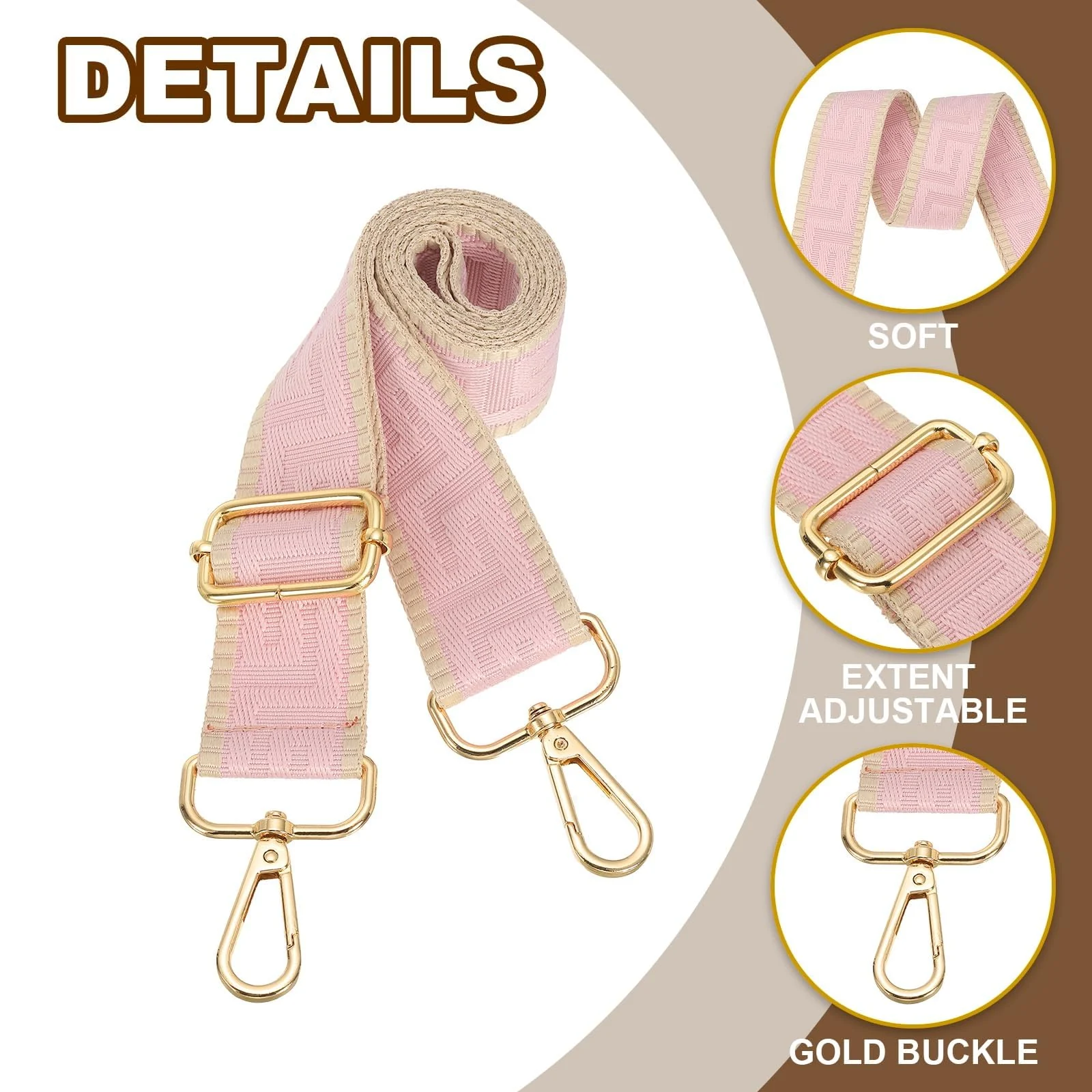 DL3 Mobilak Adjustable Wide Crossbody Bag Strap for Women, Replacement Shoulder Strap for Handbags, Totes & Purses with Elegant Embroidered Pattern and Metal Hooks - Beige/Pink