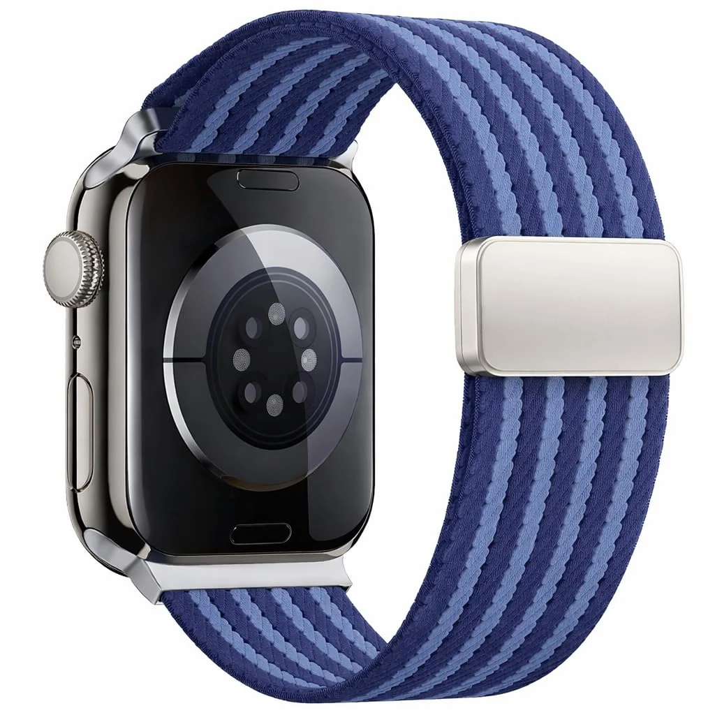 DL3 Mobilak Sport Solo Loop Compatible with Apple Watch Band 42mm 44mm 45mm 46mm 49mm for Women Men, Magnetic Strap Stretchy Braided Wristband for iWatch Series 11 10 9 8 7 6 5 4 3 Ultra 3 2 1 SE SE2 - Blue Striped