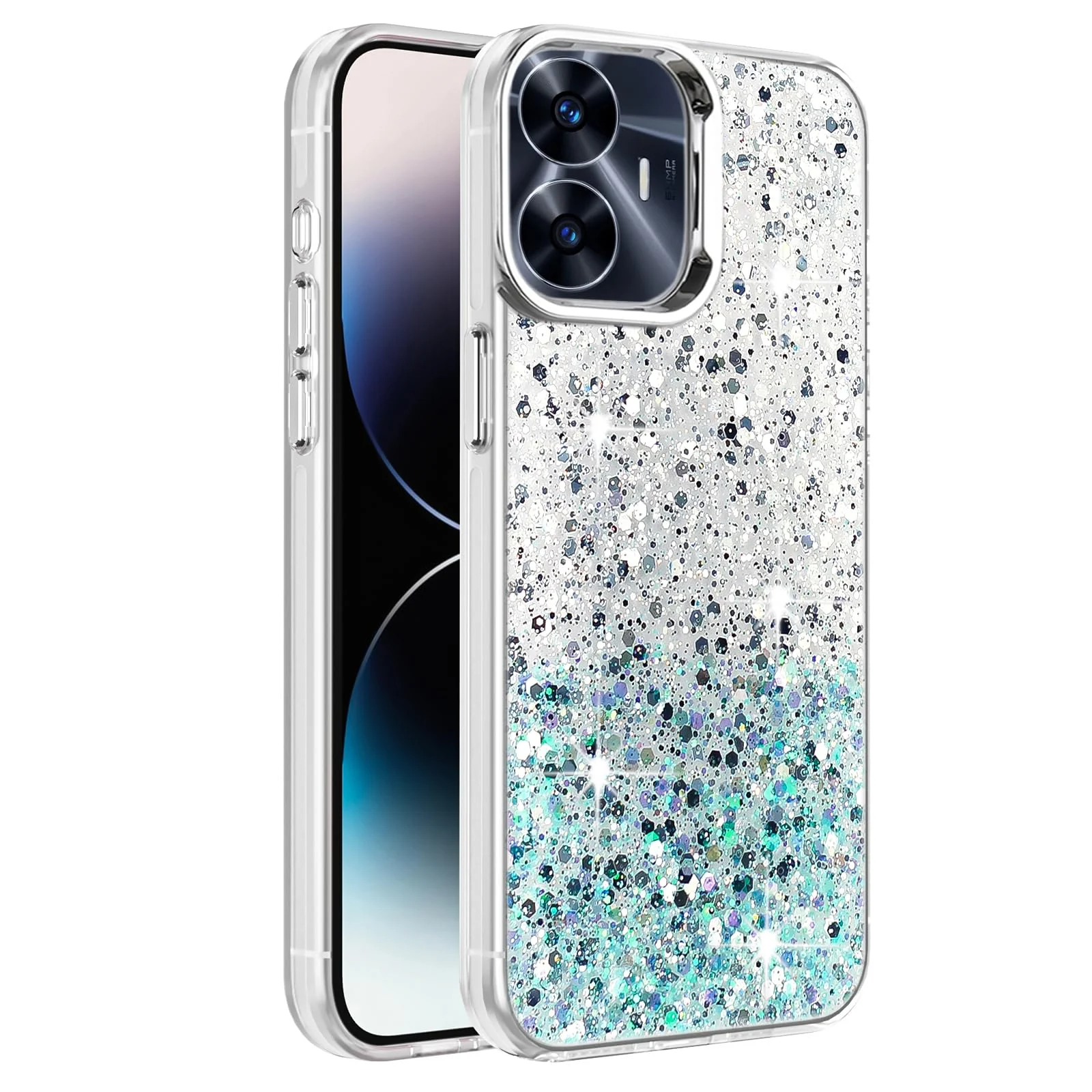 DL3 Mobilak Glitter Rhinestone Protective Case for realme C55 / realme Narzo N55 with Shockproof Design - White Green