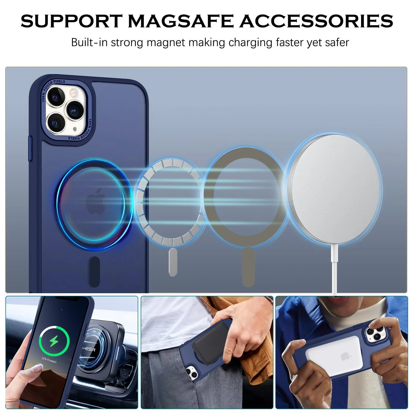 DL3 Mobilak Translucent Matte Case for iPhone 15 (6.1 Inch), Compatible with MagSafe accessories, Supports wireless charging, Built-in magnetic car-mount support - Blue