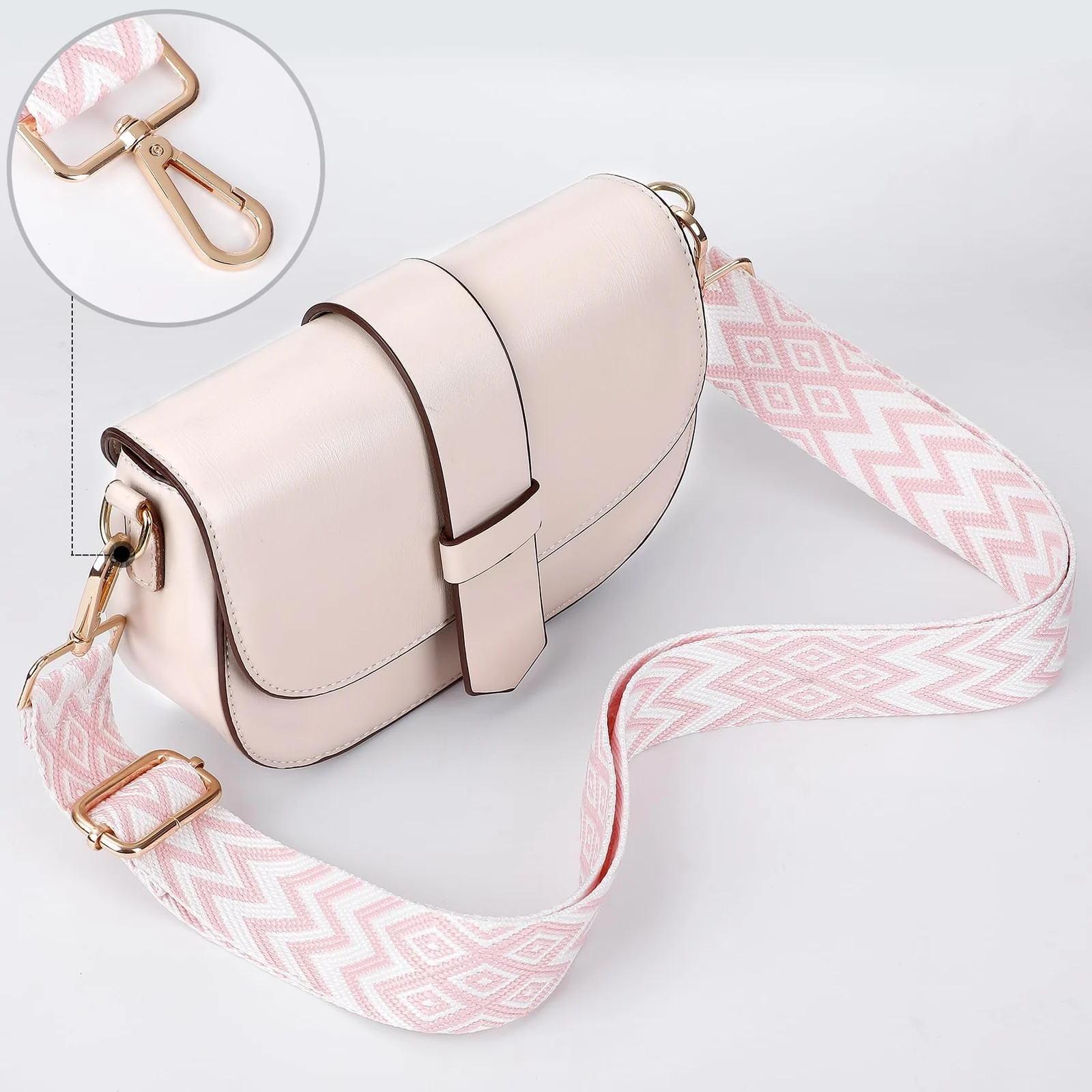 DL3 Mobilak Adjustable Wide Crossbody Bag Strap for Women, Replacement Shoulder Strap for Handbags, Totes & Purses with Elegant Embroidered Pattern and Metal Hooks - White-Pink