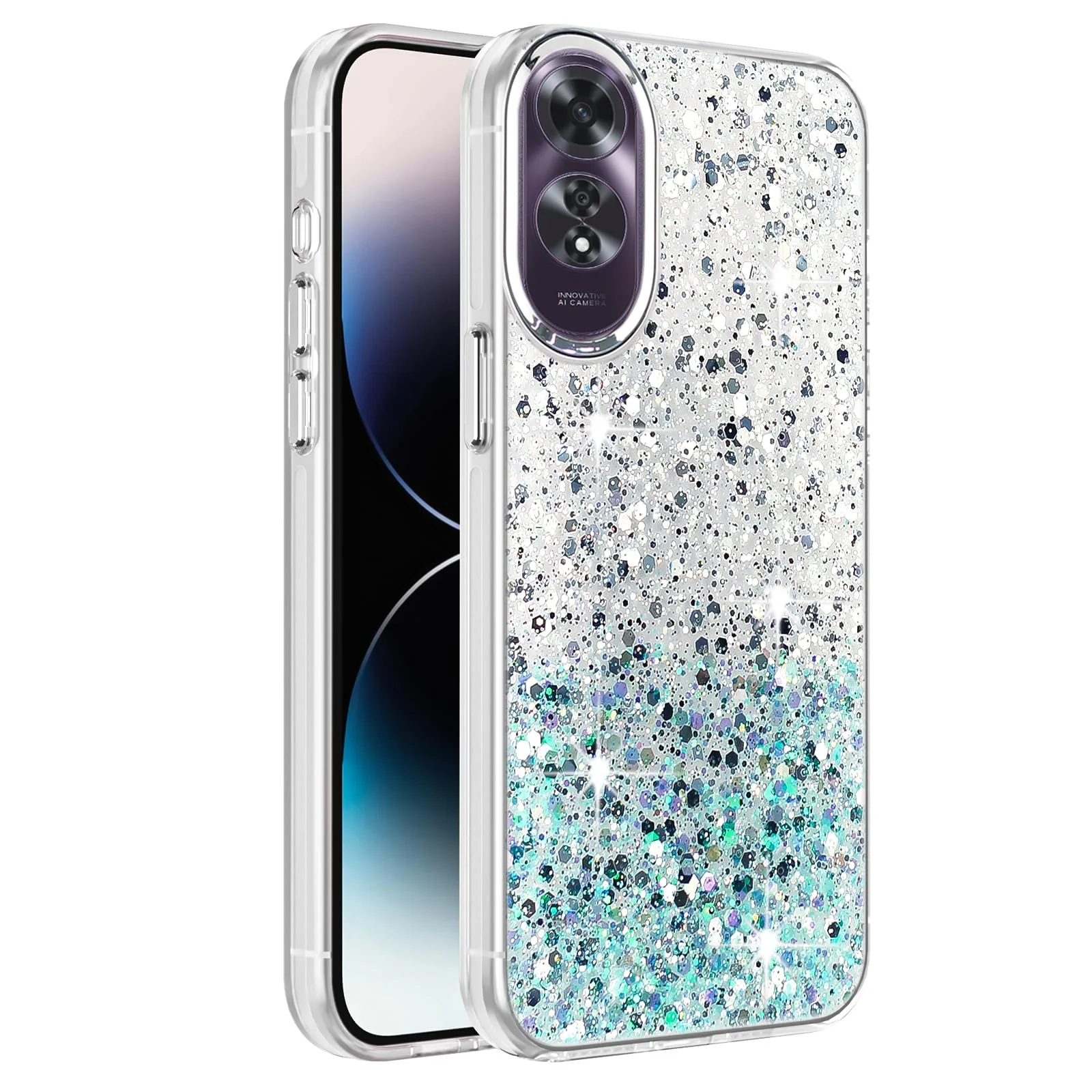 DL3 Mobilak Glitter Protective Case for OPPO A60 4G, Supports wireless charging, Camera protection, Shock-absorbing protection - White Green