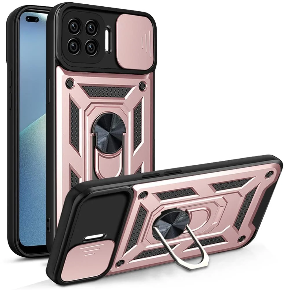 DL3 Mobilak Protective Case with Sliding Camera Cover, Metal Ring Kickstand and Magnetic Car-Mount Support for OPPO A93 4G / Reno4 Lite / F17 Pro / Reno 4F - Rose Gold